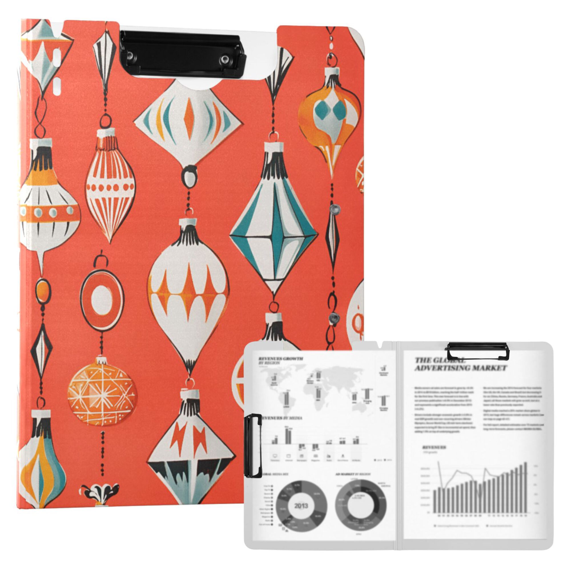 FORMRS A4 Clipboard Folder with Pen Holder Horizontal Foldable School Office Binder, Retro Christmas Ornaments Pattern