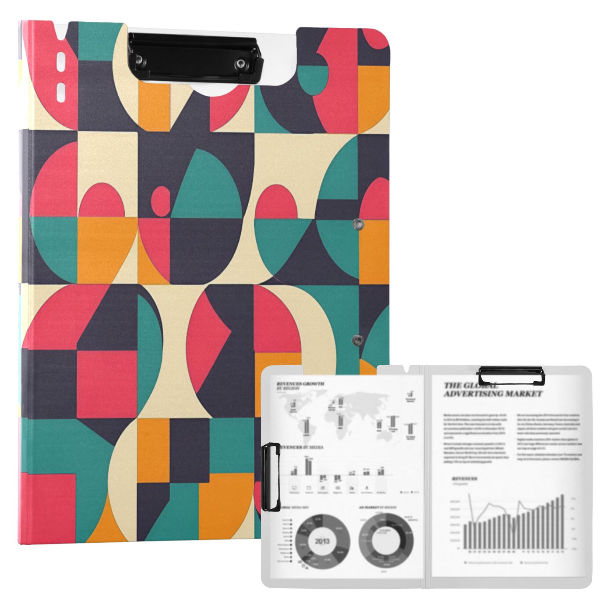 FORMRS A4 Clipboard Folder with Pen Holder Horizontal Foldable School Office Binder, Retro Geometric