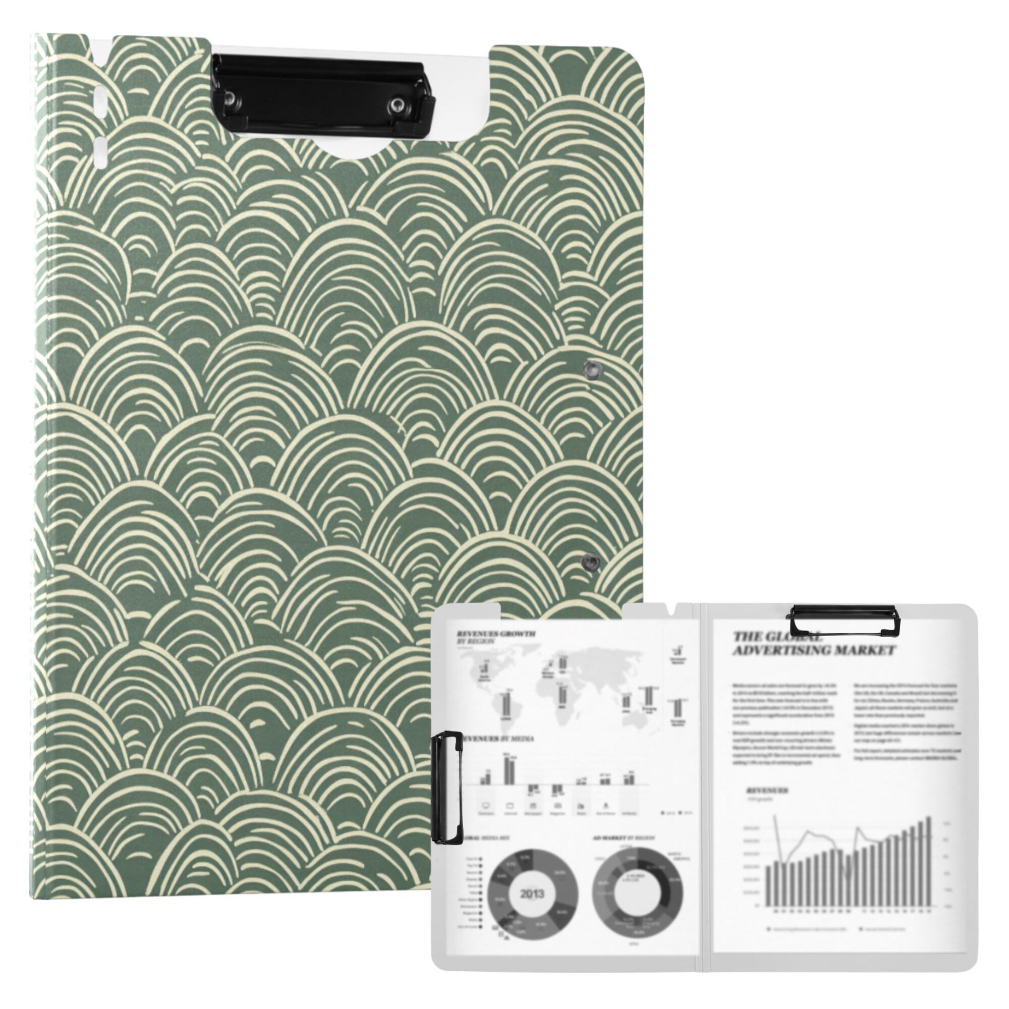 FORMRS A4 Clipboard Folder with Pen Holder Horizontal Foldable School Office Binder, Retro Green Abstract
