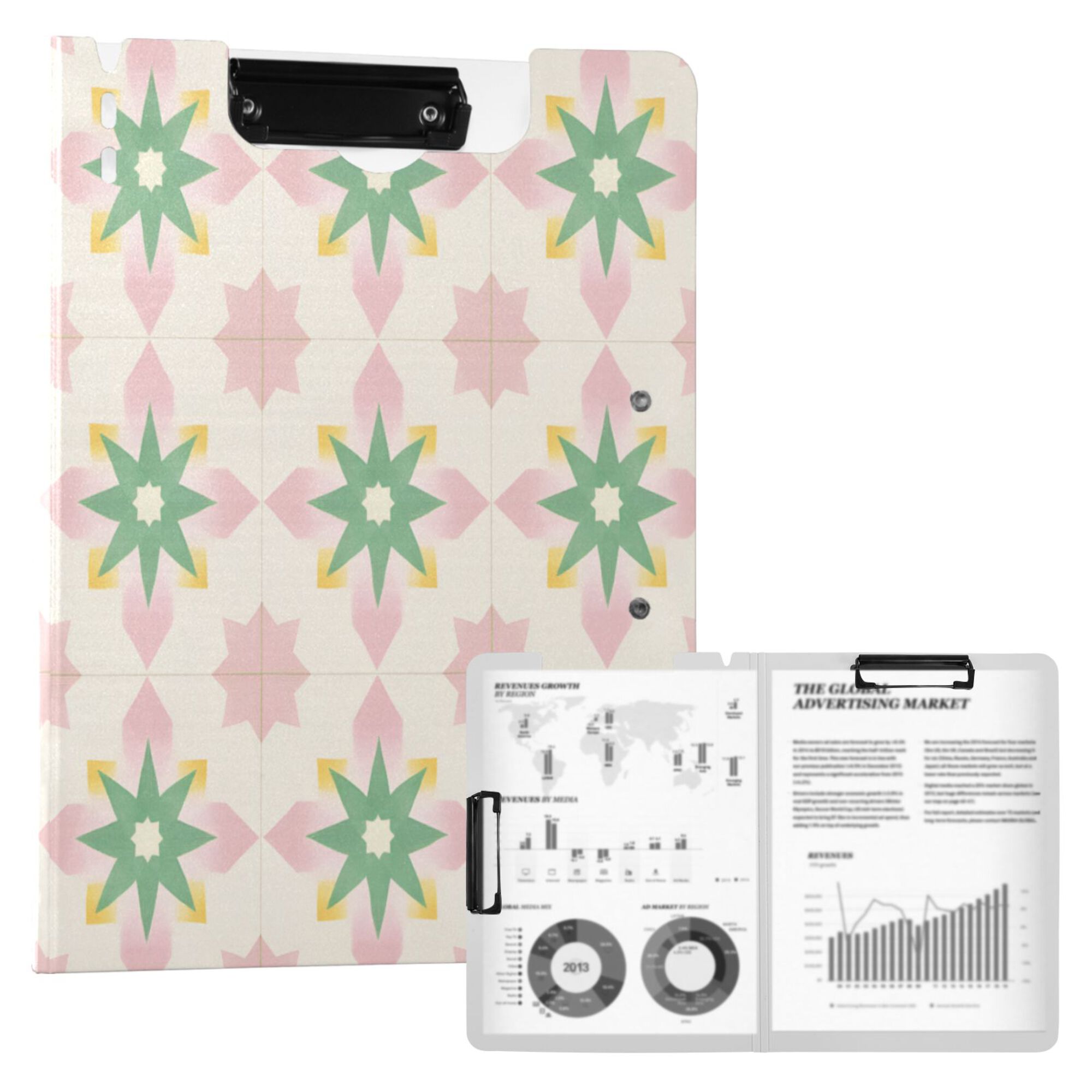 FORMRS A4 Clipboard Folder with Pen Holder Horizontal Foldable School Office Binder, Retro Green Stars