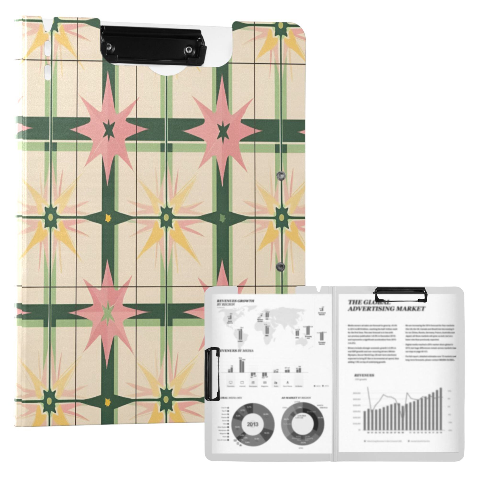 FORMRS A4 Clipboard Folder with Pen Holder Horizontal Foldable School Office Binder, Retro Green Stars