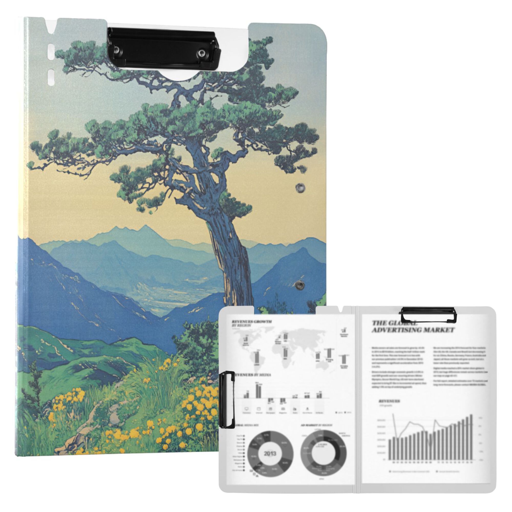 FORMRS A4 Clipboard Folder with Pen Holder Horizontal Foldable School Office Binder, Retro Mountain