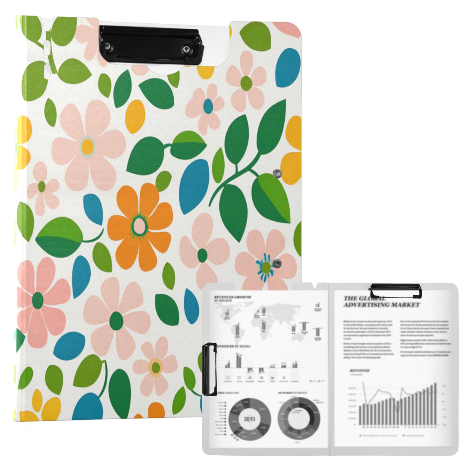 FORMRS A4 Clipboard Folder with Pen Holder Horizontal Foldable School Office Binder, Retro Orange Floral
