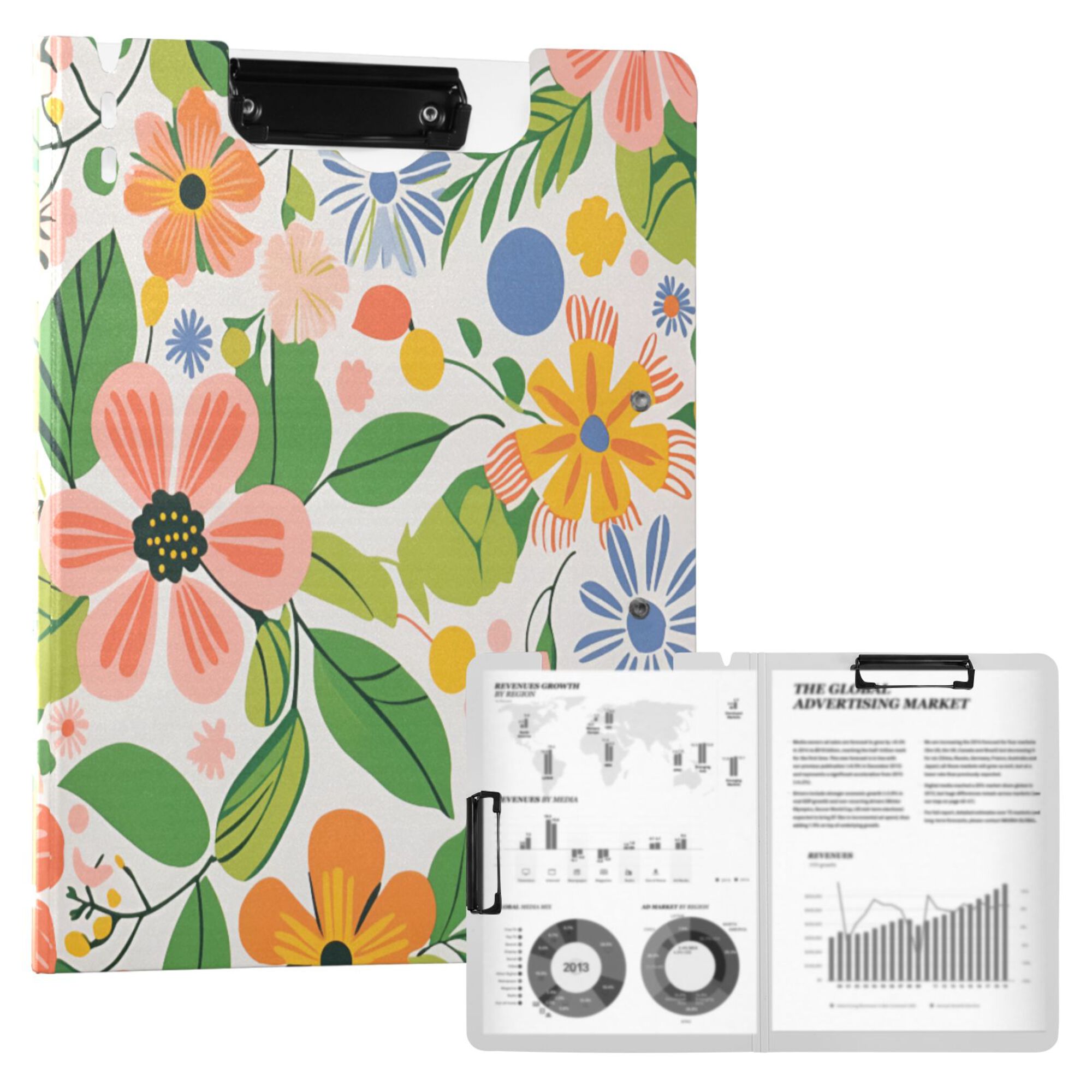 FORMRS A4 Clipboard Folder with Pen Holder Horizontal Foldable School Office Binder, Retro Pink Floral