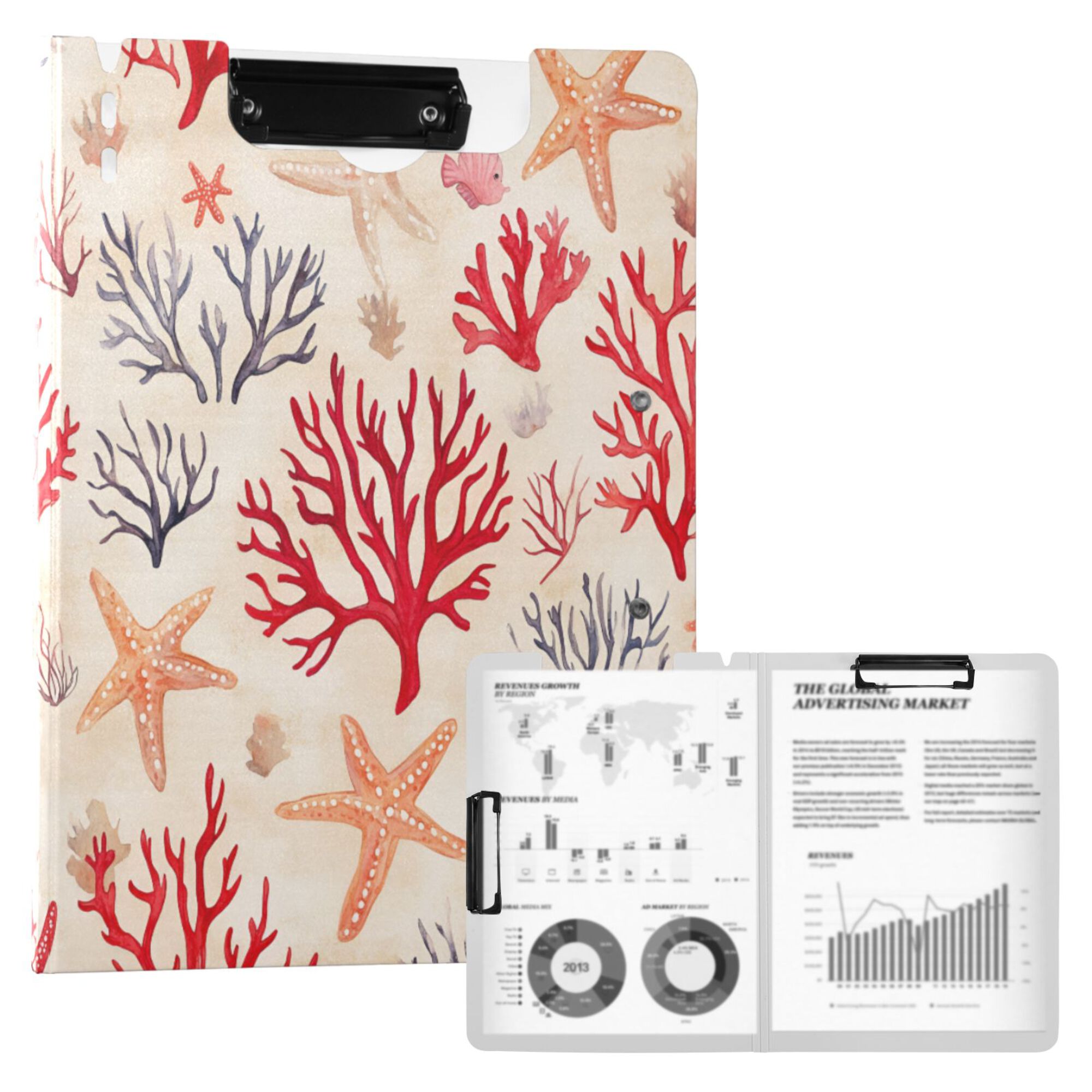 FORMRS A4 Clipboard Folder with Pen Holder Horizontal Foldable School Office Binder, Retro Starfish