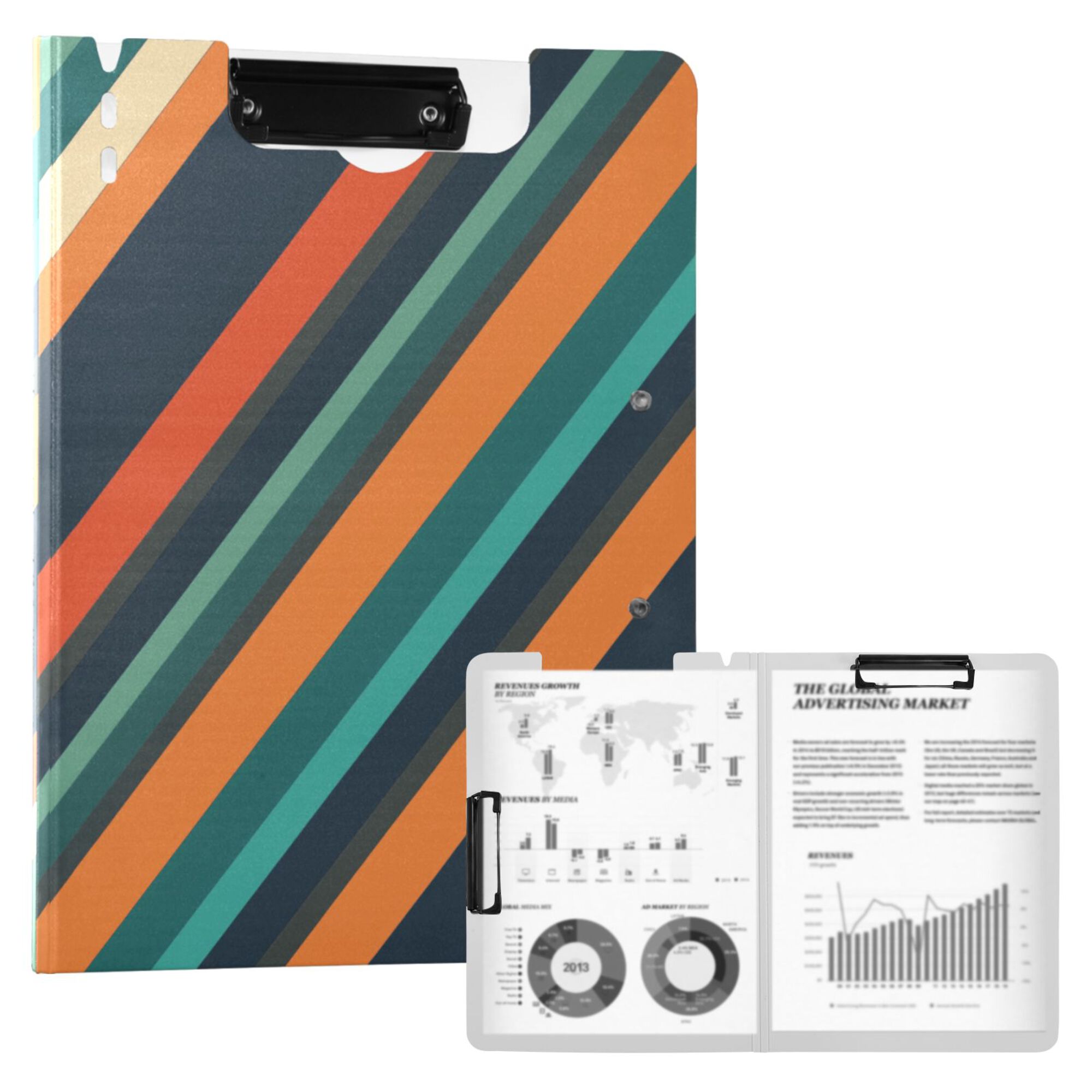 FORMRS A4 Clipboard Folder with Pen Holder Horizontal Foldable School Office Binder, Retro Stripes