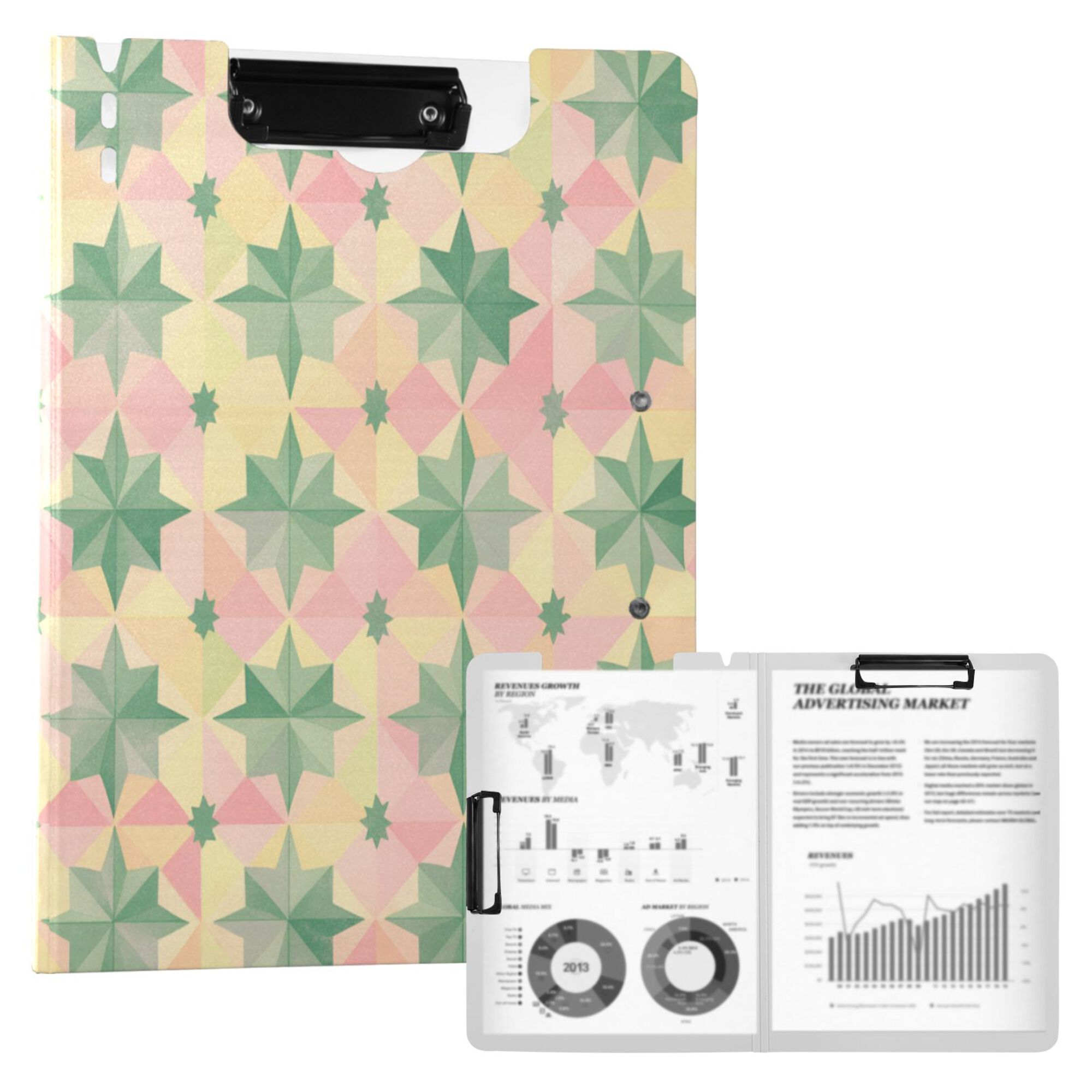 FORMRS A4 Clipboard Folder with Pen Holder Horizontal Foldable School Office Binder, Retro Symmetrical Stars