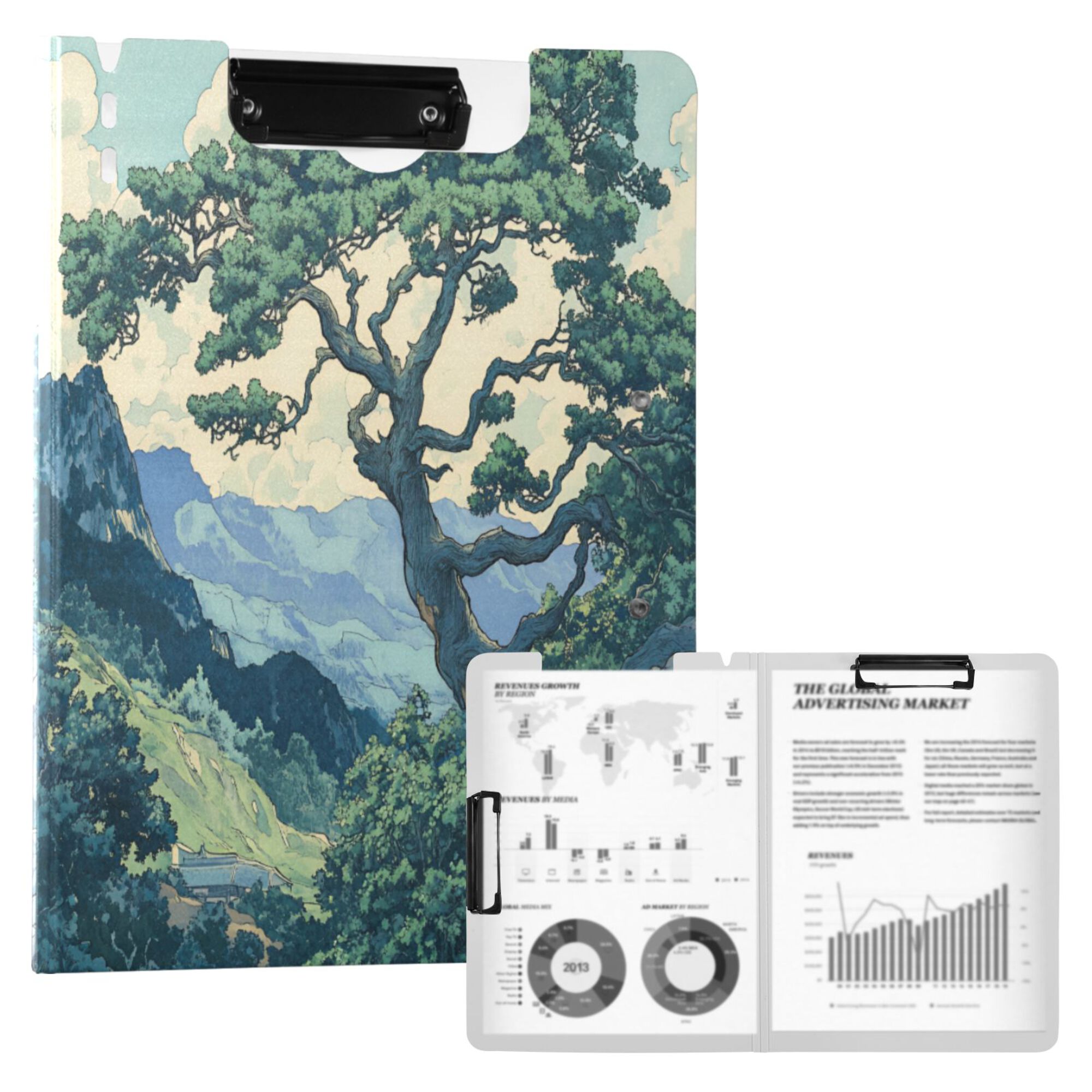 FORMRS A4 Clipboard Folder with Pen Holder Horizontal Foldable School Office Binder, Retro Tree