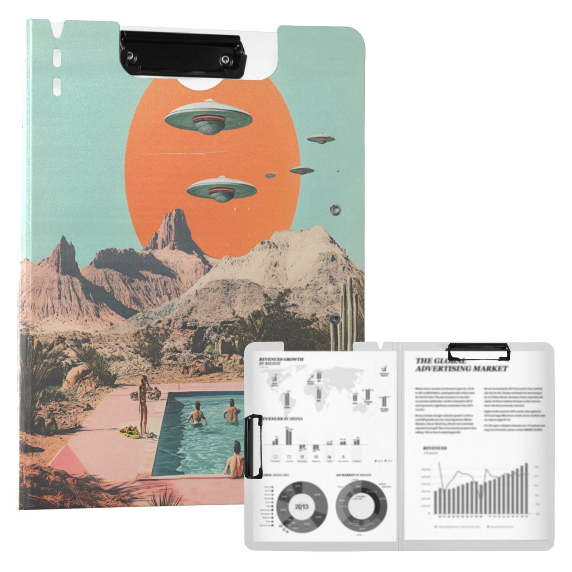 FORMRS A4 Clipboard Folder with Pen Holder Horizontal Foldable School Office Binder, Retro UFO