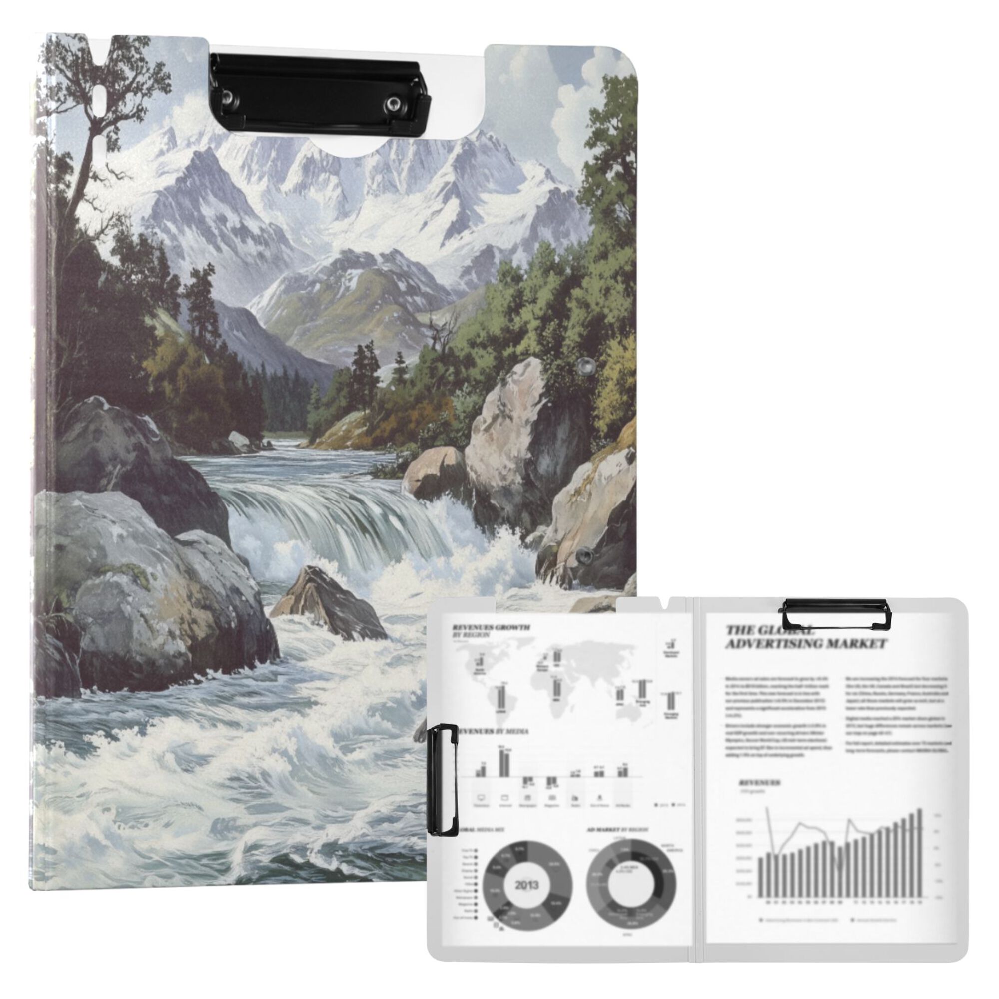 FORMRS A4 Clipboard Folder with Pen Holder Horizontal Foldable School Office Binder, River and Mountains