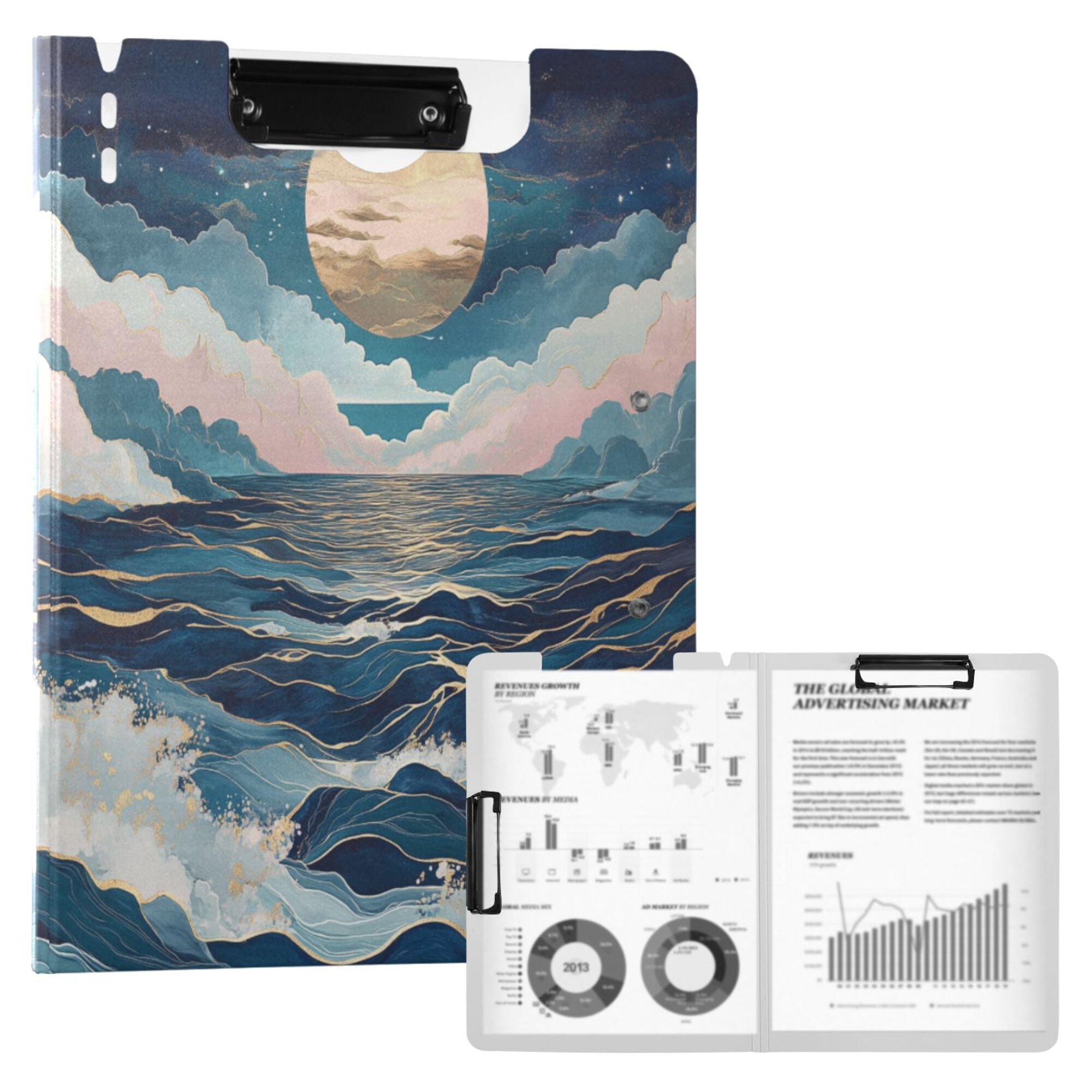 FORMRS A4 Clipboard Folder with Pen Holder Horizontal Foldable School Office Binder, Rolling Waves