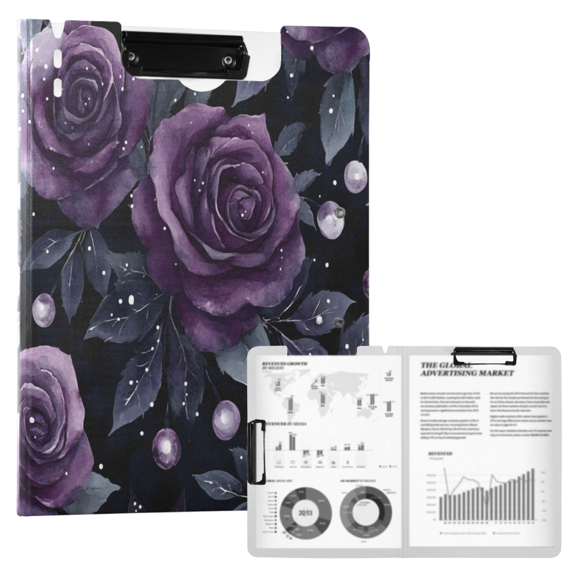 FORMRS A4 Clipboard Folder with Pen Holder Horizontal Foldable School Office Binder, Roses and Pearls