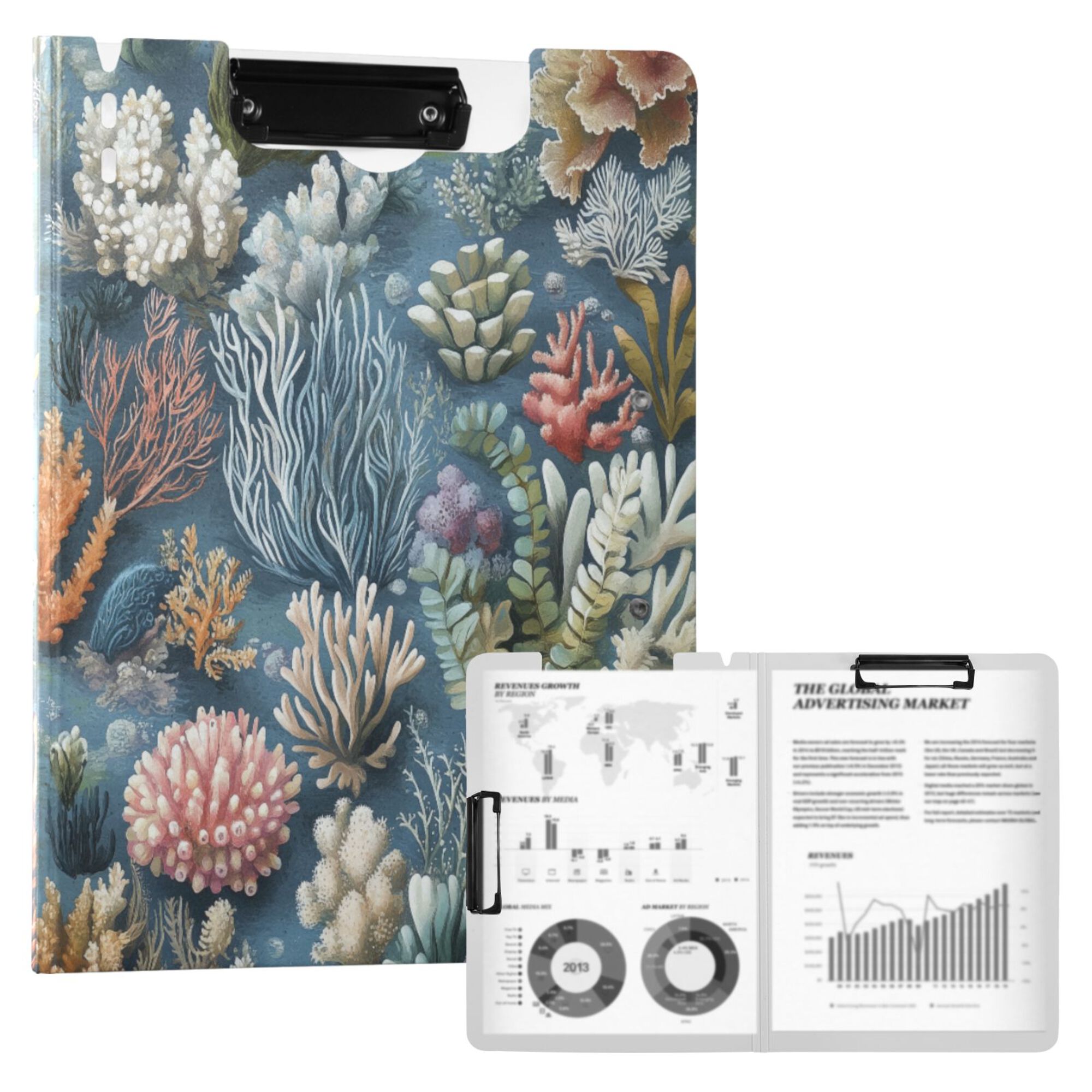 FORMRS A4 Clipboard Folder with Pen Holder Horizontal Foldable School Office Binder, Sea Plants Pattern