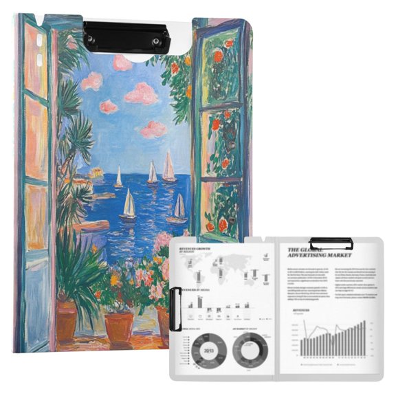 FORMRS A4 Clipboard Folder with Pen Holder Horizontal Foldable School Office Binder, Sea Window