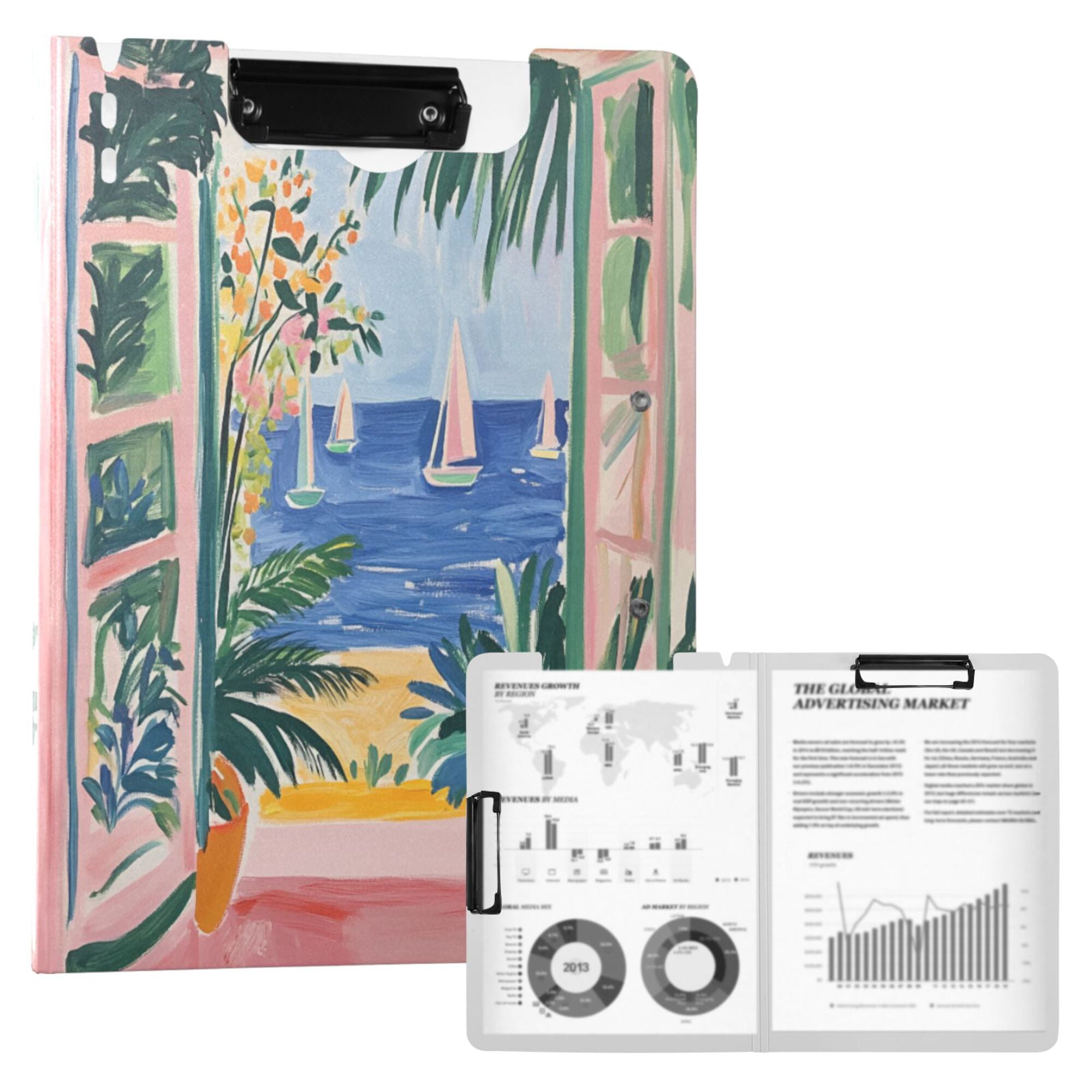 FORMRS A4 Clipboard Folder with Pen Holder Horizontal Foldable School Office Binder, Seaside Leaves