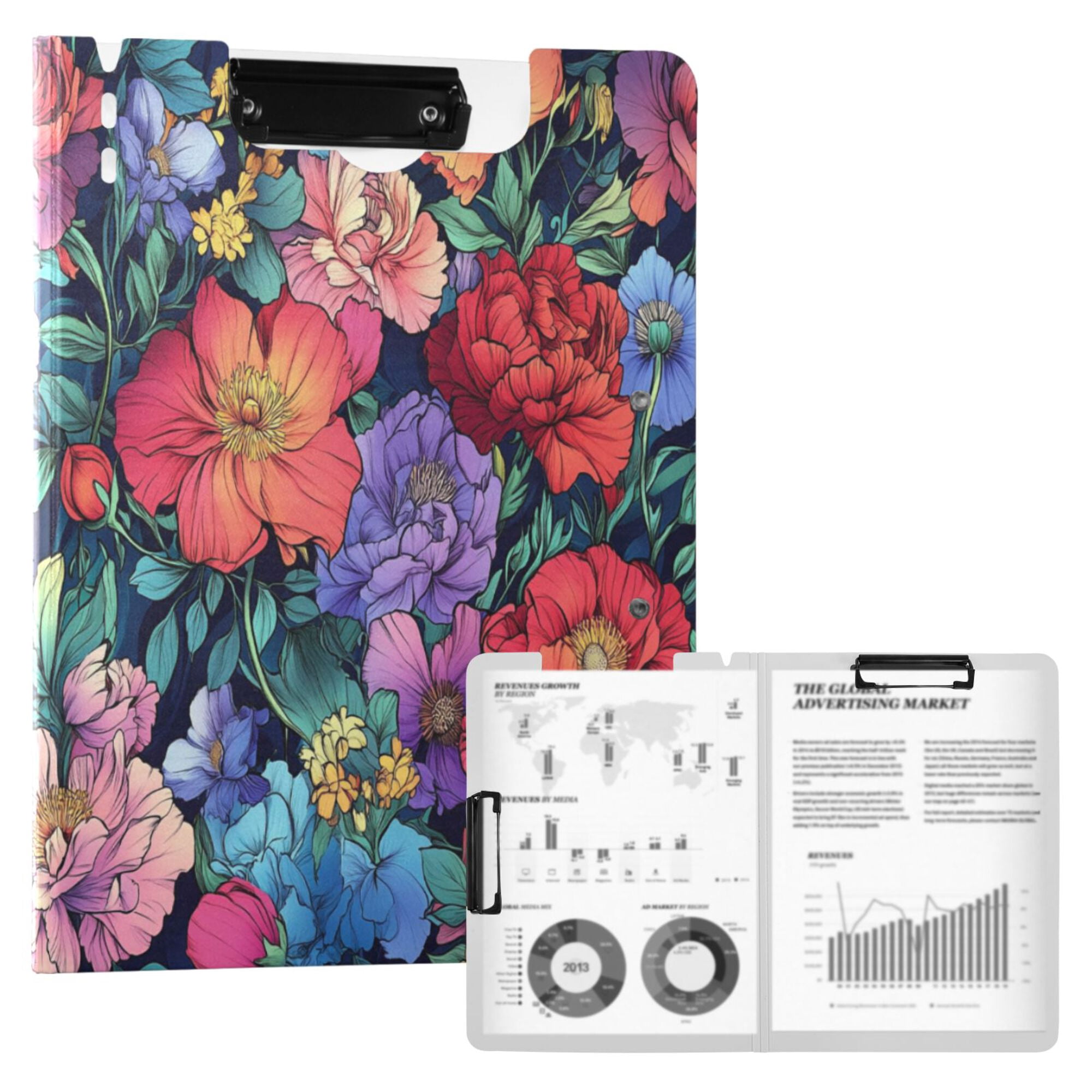 FORMRS A4 Clipboard Folder with Pen Holder Horizontal Foldable School Office Binder, Serene Floral Pattern