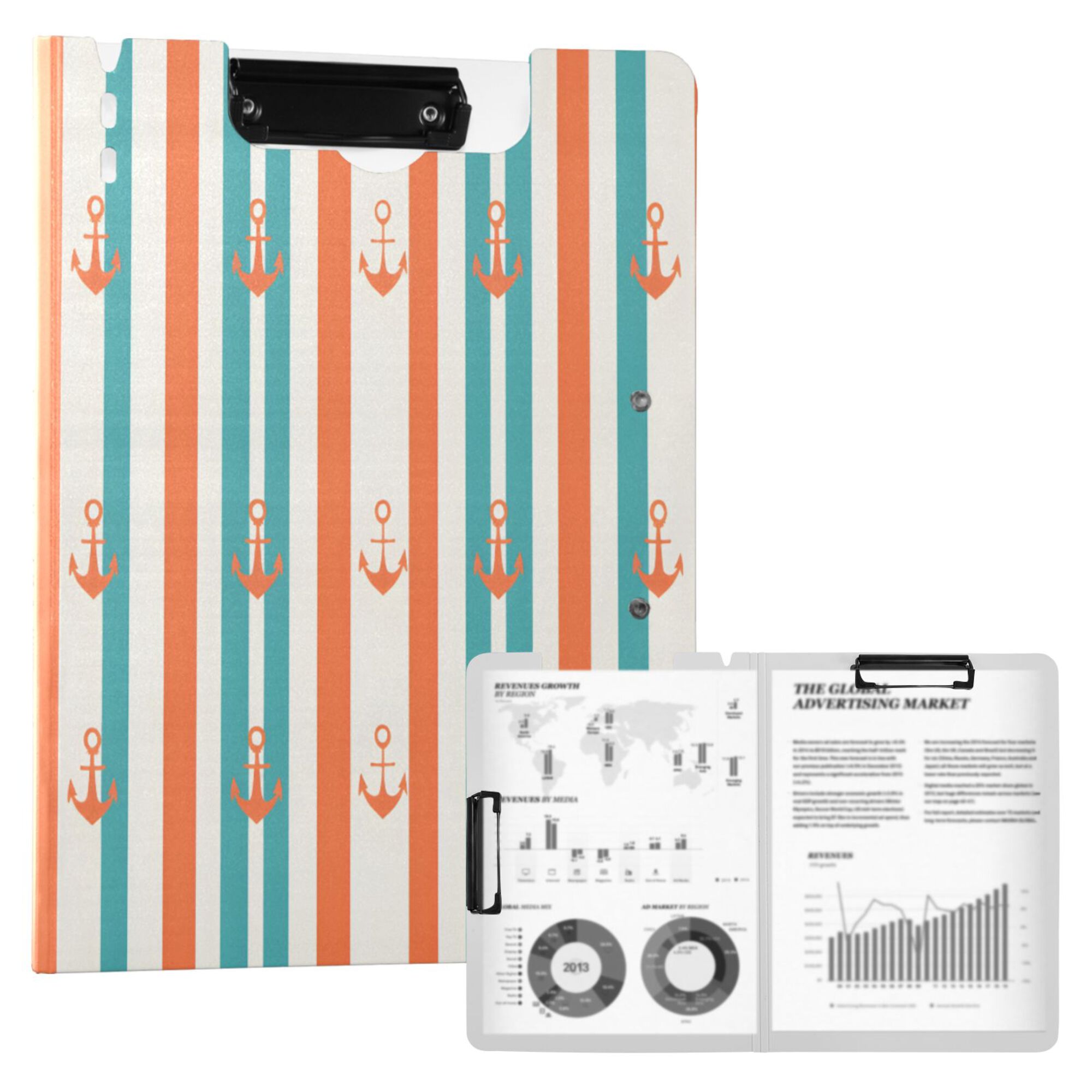 FORMRS A4 Clipboard Folder with Pen Holder Horizontal Foldable School Office Binder, Simple Nautical Pattern