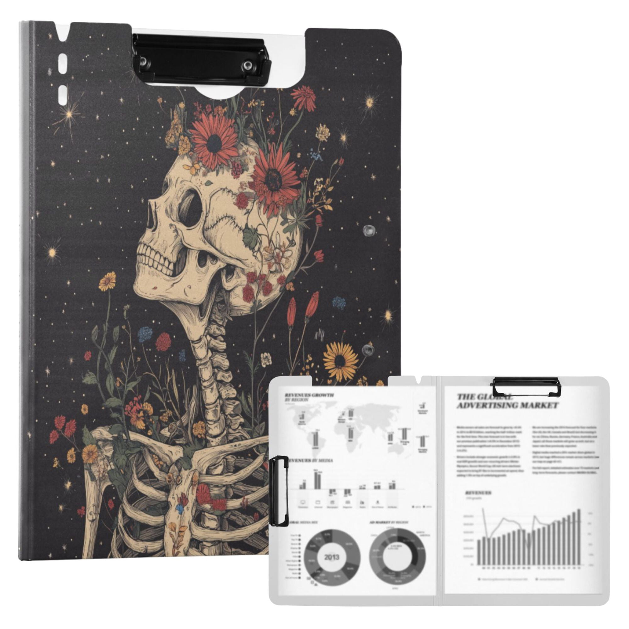 FORMRS A4 Clipboard Folder with Pen Holder Horizontal Foldable School Office Binder, Skeleton with Flowers Pattern