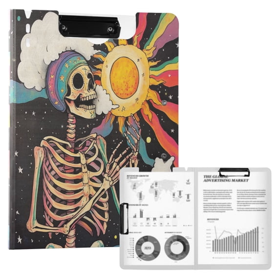 FORMRS A4 Clipboard Folder with Pen Holder Horizontal Foldable School Office Binder, Skeleton with Sun