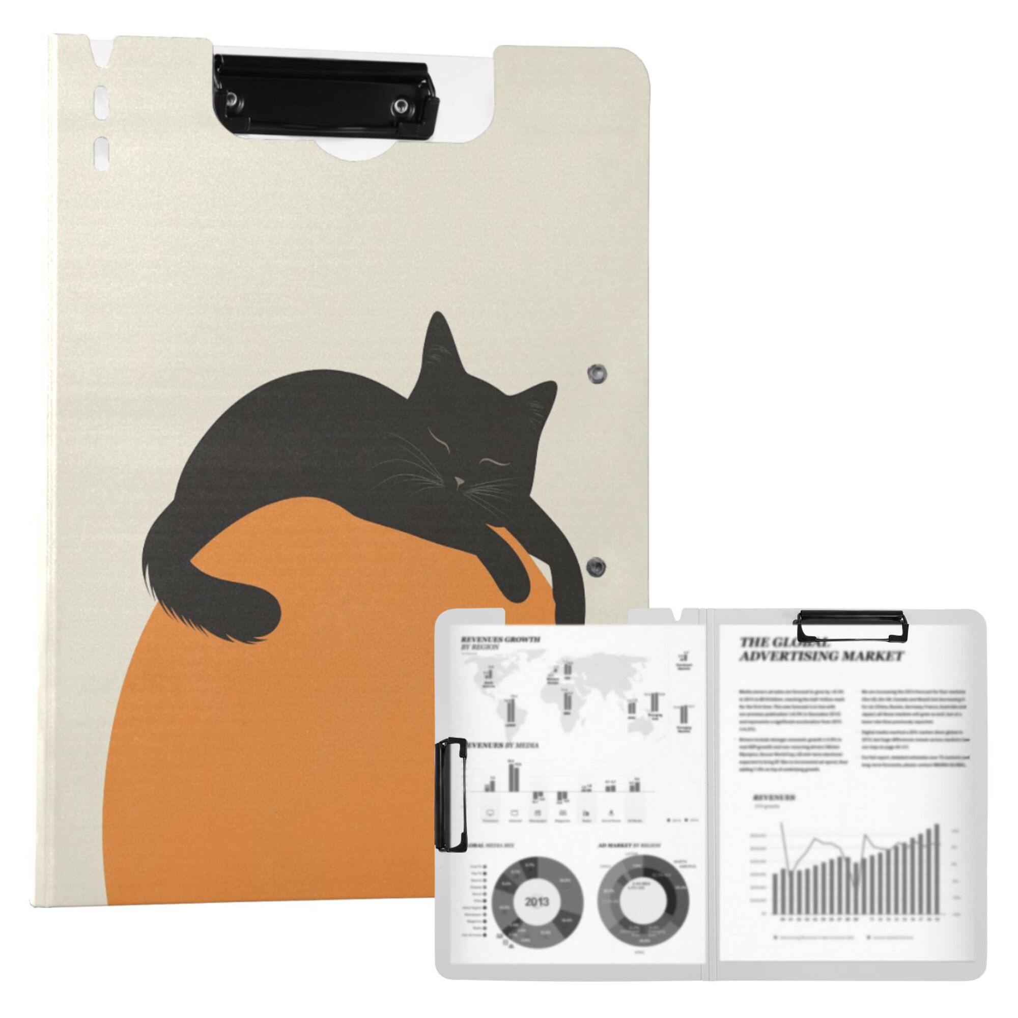 FORMRS A4 Clipboard Folder with Pen Holder Horizontal Foldable School Office Binder, Sleeping Black Cat