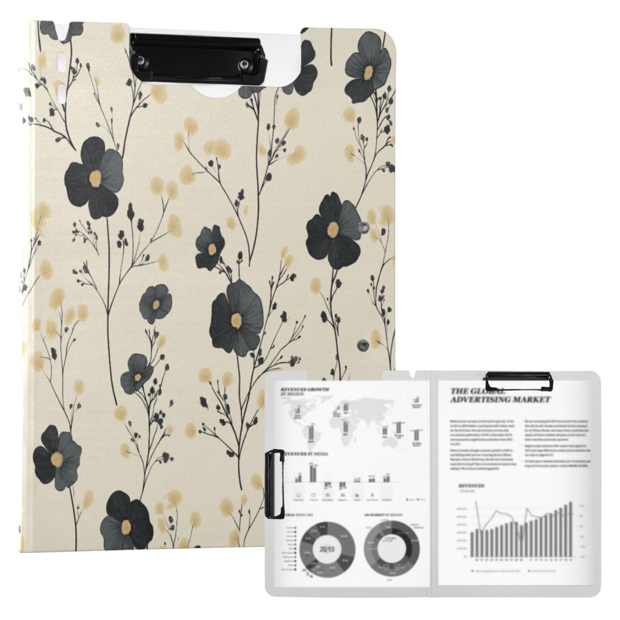 FORMRS A4 Clipboard Folder with Pen Holder Horizontal Foldable School Office Binder, Small Black Flowers