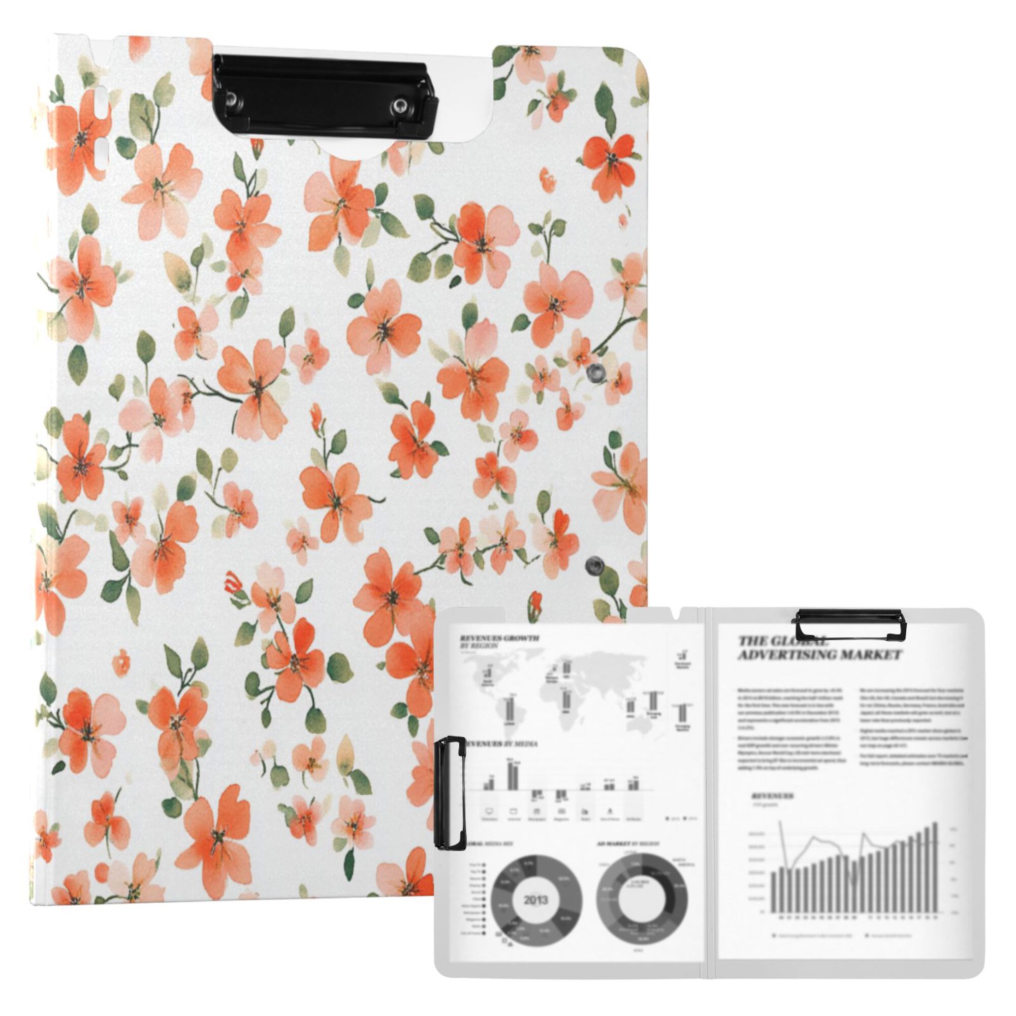 FORMRS A4 Clipboard Folder with Pen Holder Horizontal Foldable School Office Binder, Small Floral Blooms