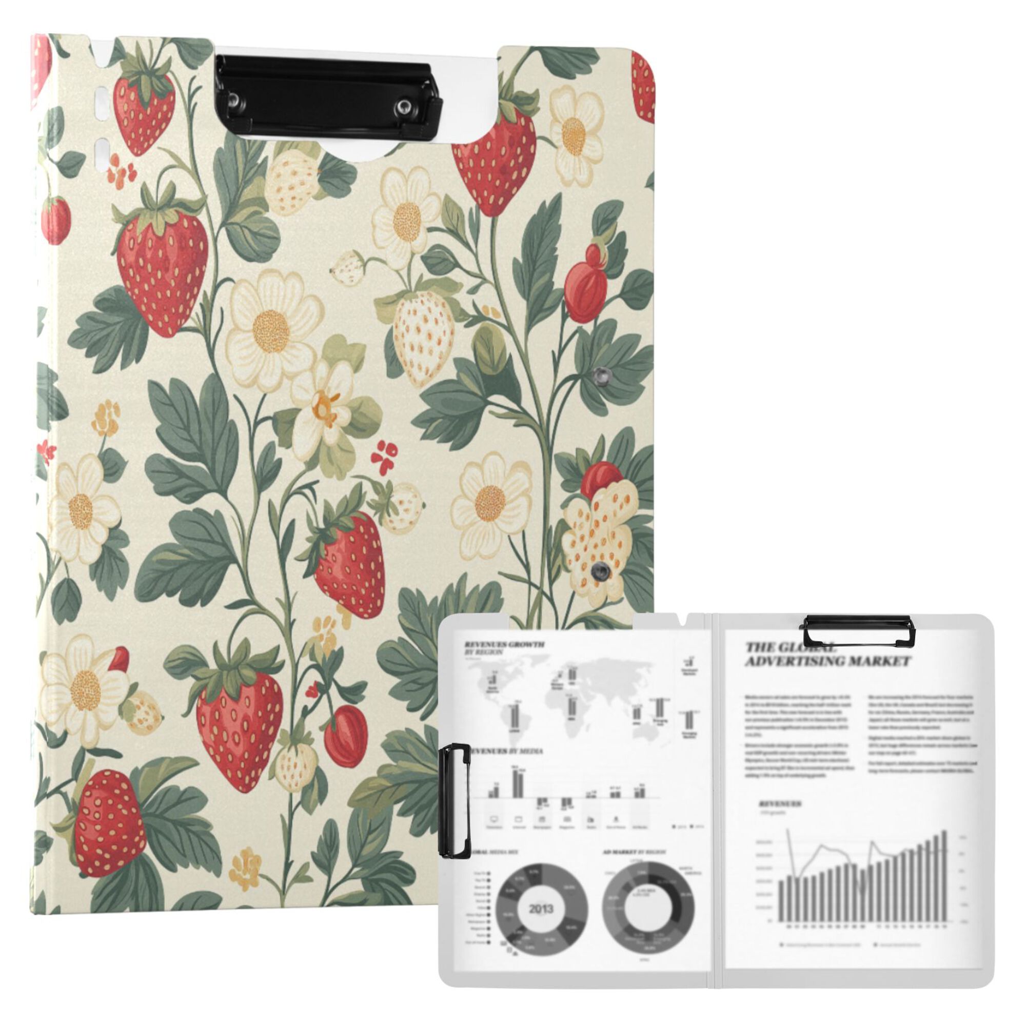 FORMRS A4 Clipboard Folder with Pen Holder Horizontal Foldable School Office Binder, Small Strawberry Pattern