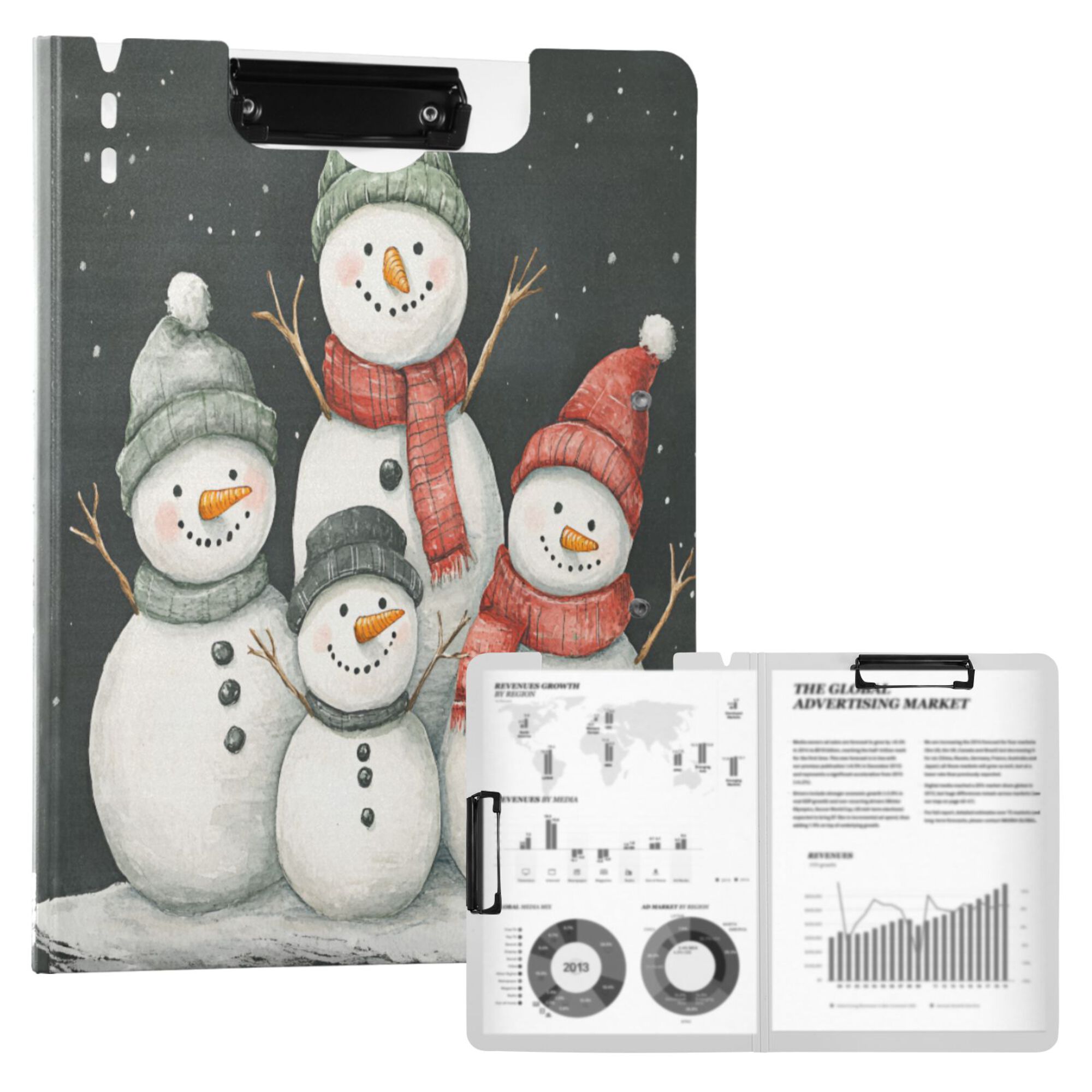 FORMRS A4 Clipboard Folder with Pen Holder Horizontal Foldable School Office Binder, Snowman Family