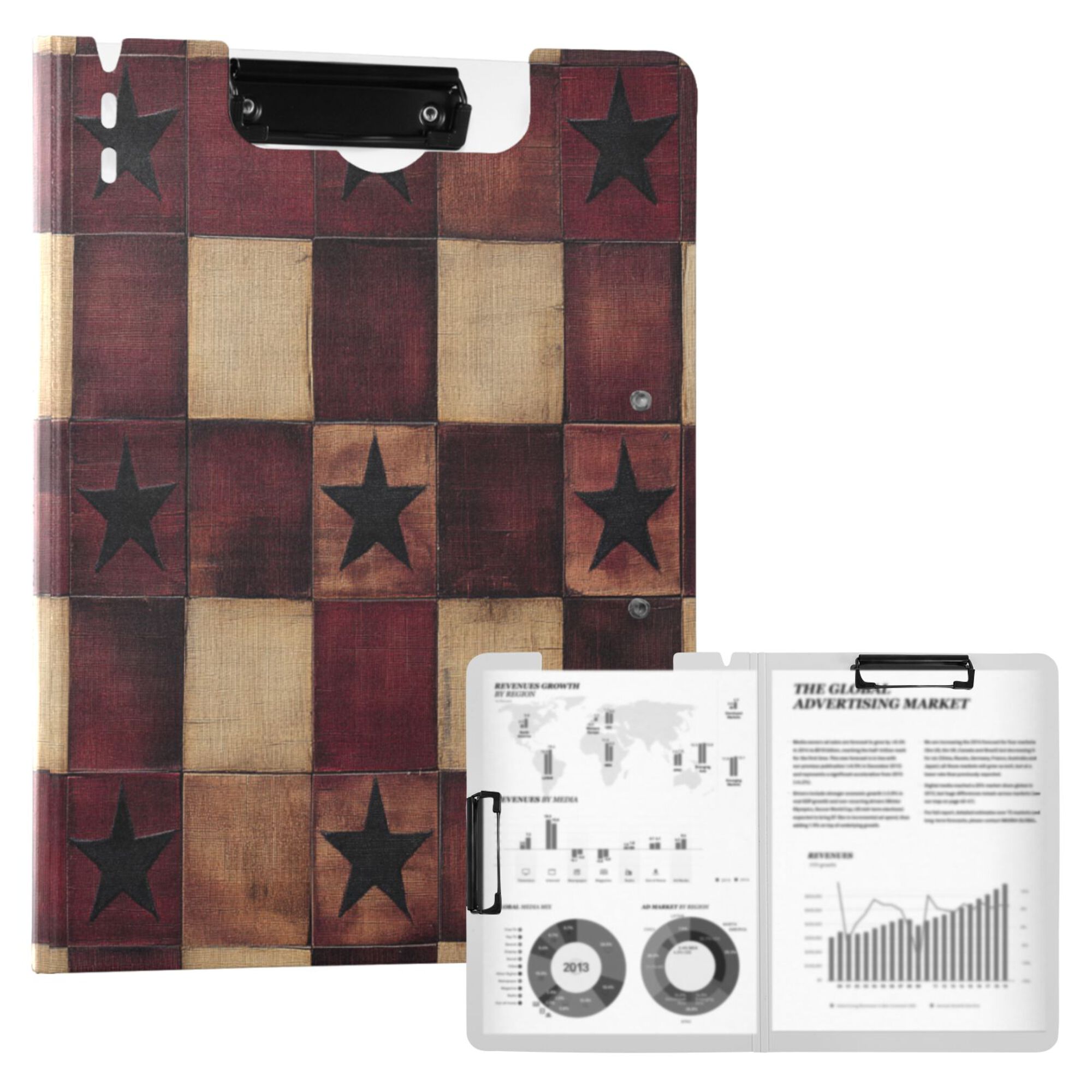 FORMRS A4 Clipboard Folder with Pen Holder Horizontal Foldable School Office Binder, Star Spangled Squares
