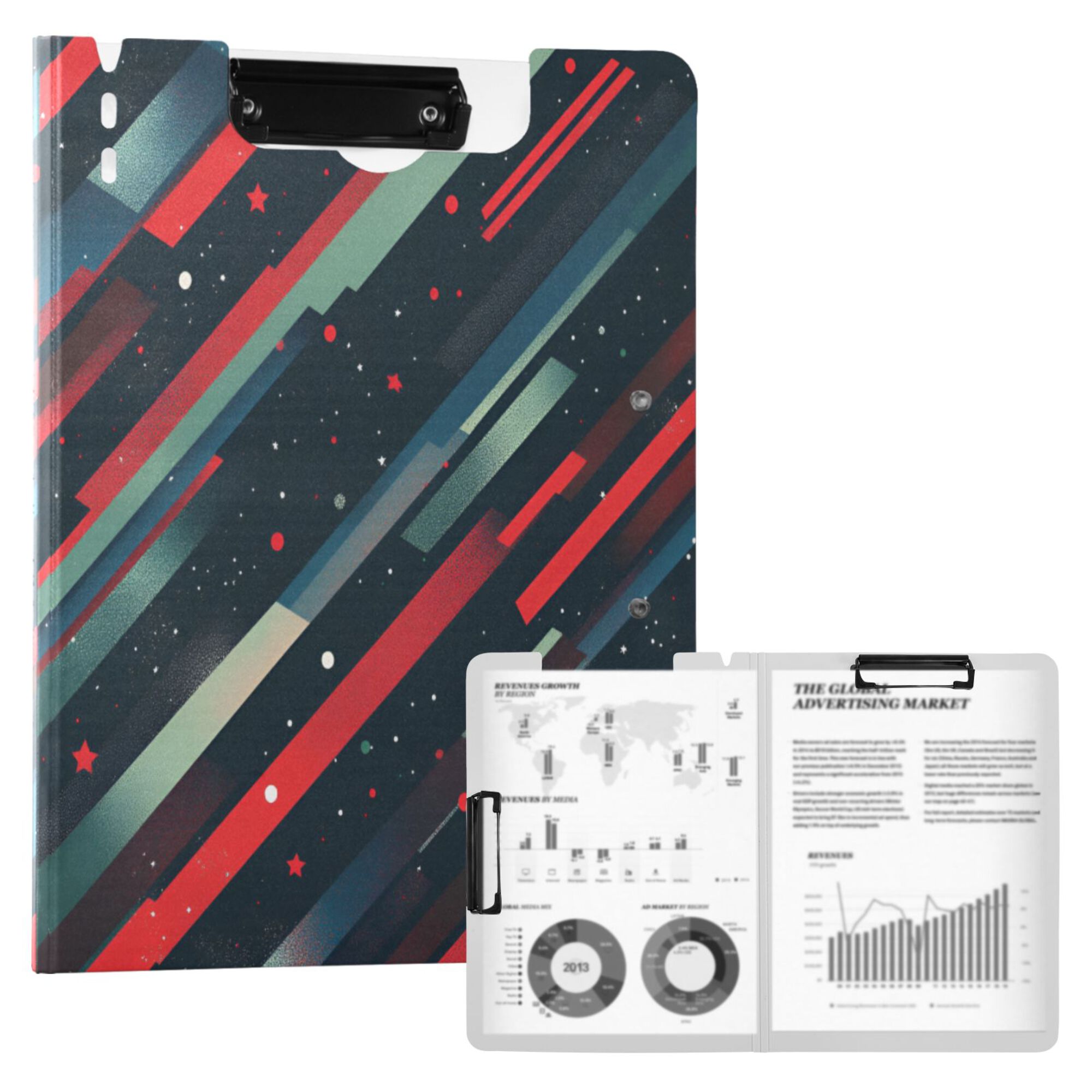 FORMRS A4 Clipboard Folder with Pen Holder Horizontal Foldable School Office Binder, Stars Abstract Lines