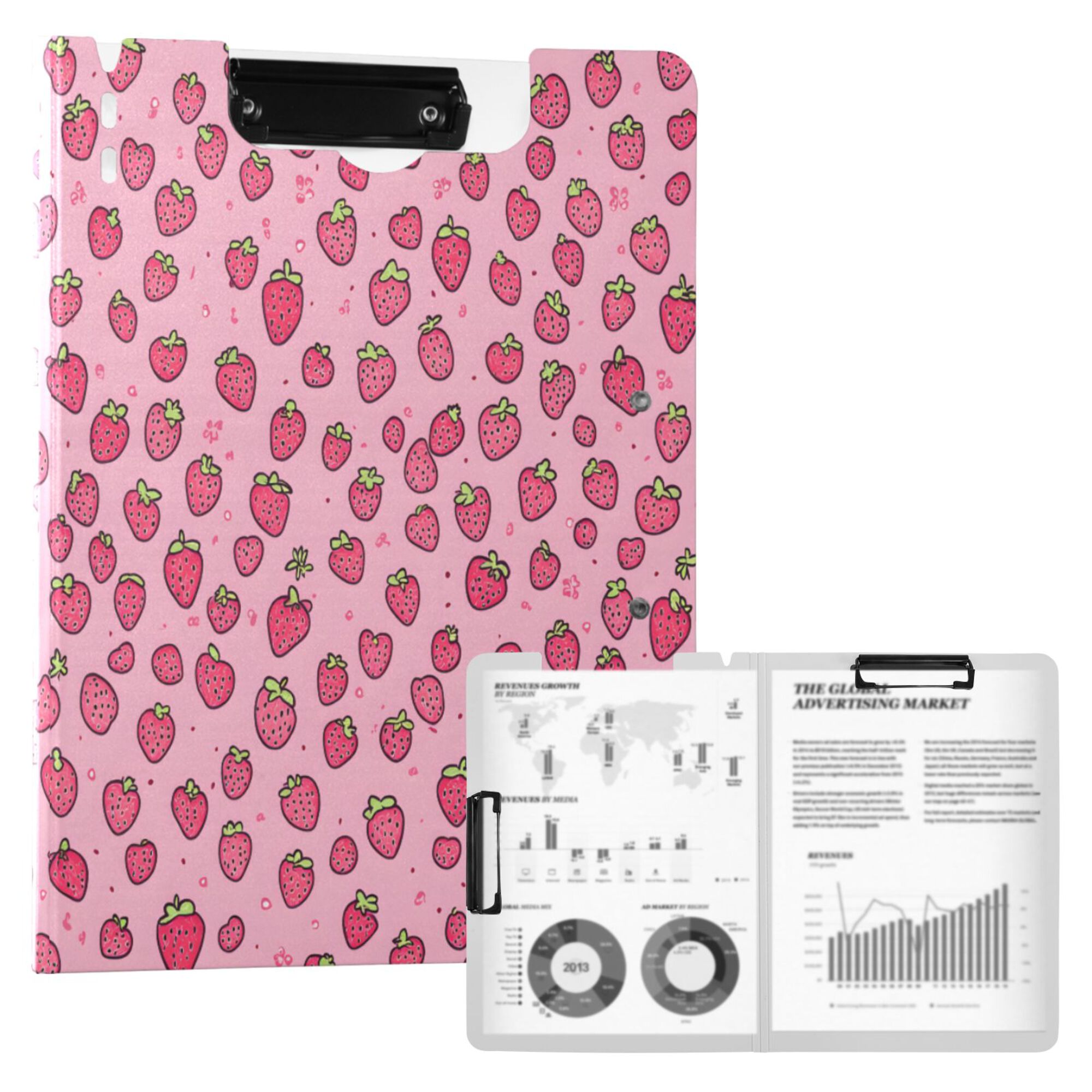 FORMRS A4 Clipboard Folder with Pen Holder Horizontal Foldable School Office Binder, Strawberry Bliss