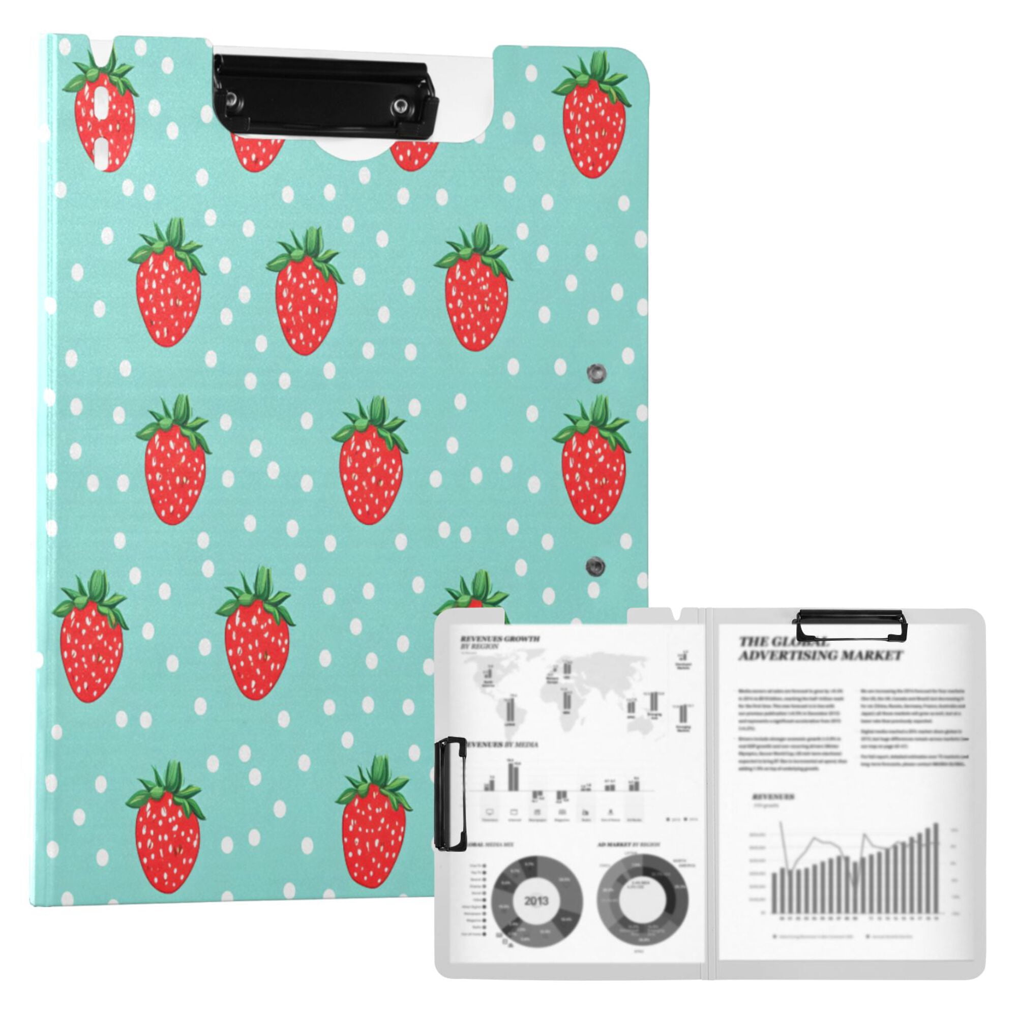 FORMRS A4 Clipboard Folder with Pen Holder Horizontal Foldable School Office Binder, Strawberry Pattern