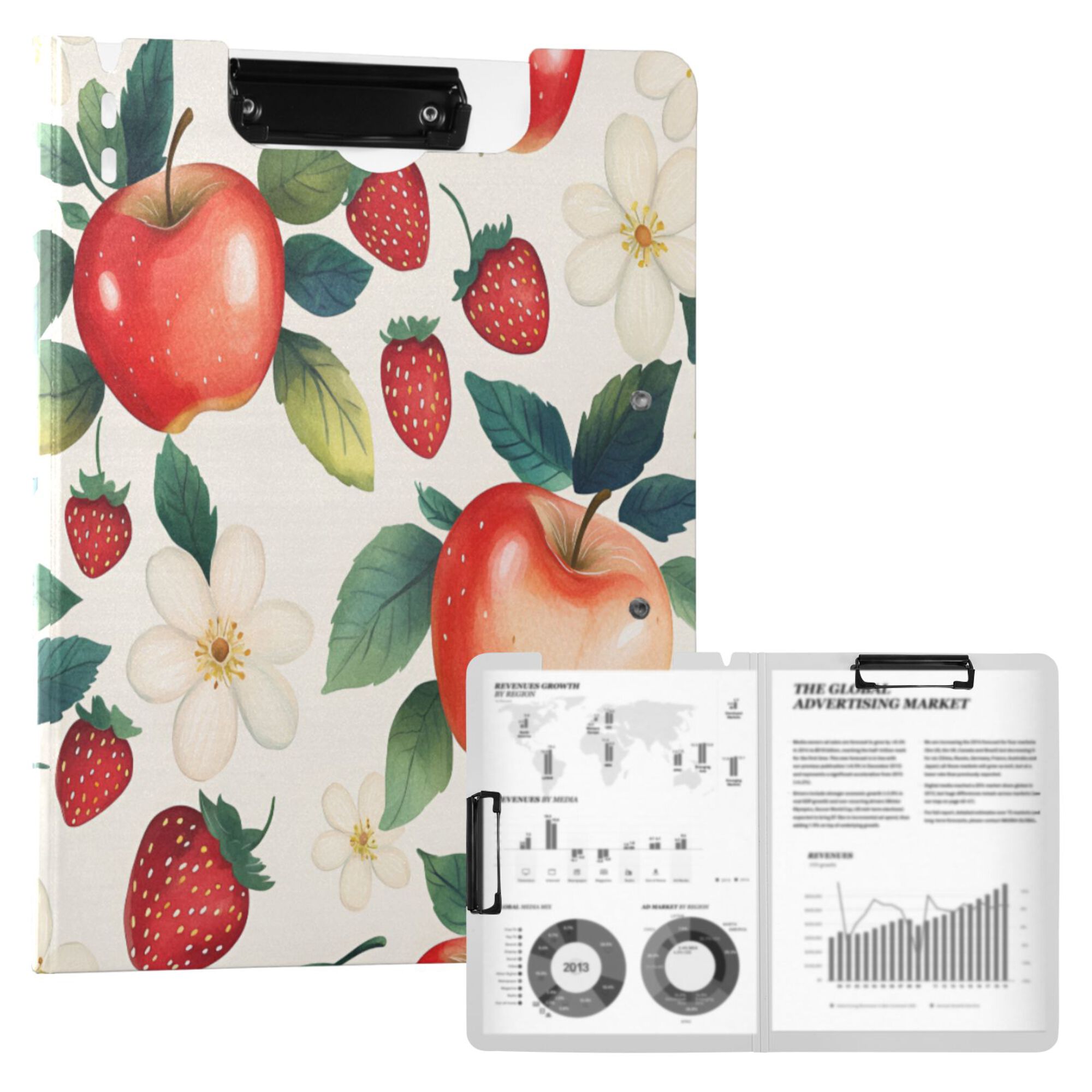 FORMRS A4 Clipboard Folder with Pen Holder Horizontal Foldable School Office Binder, Strawberry Pattern