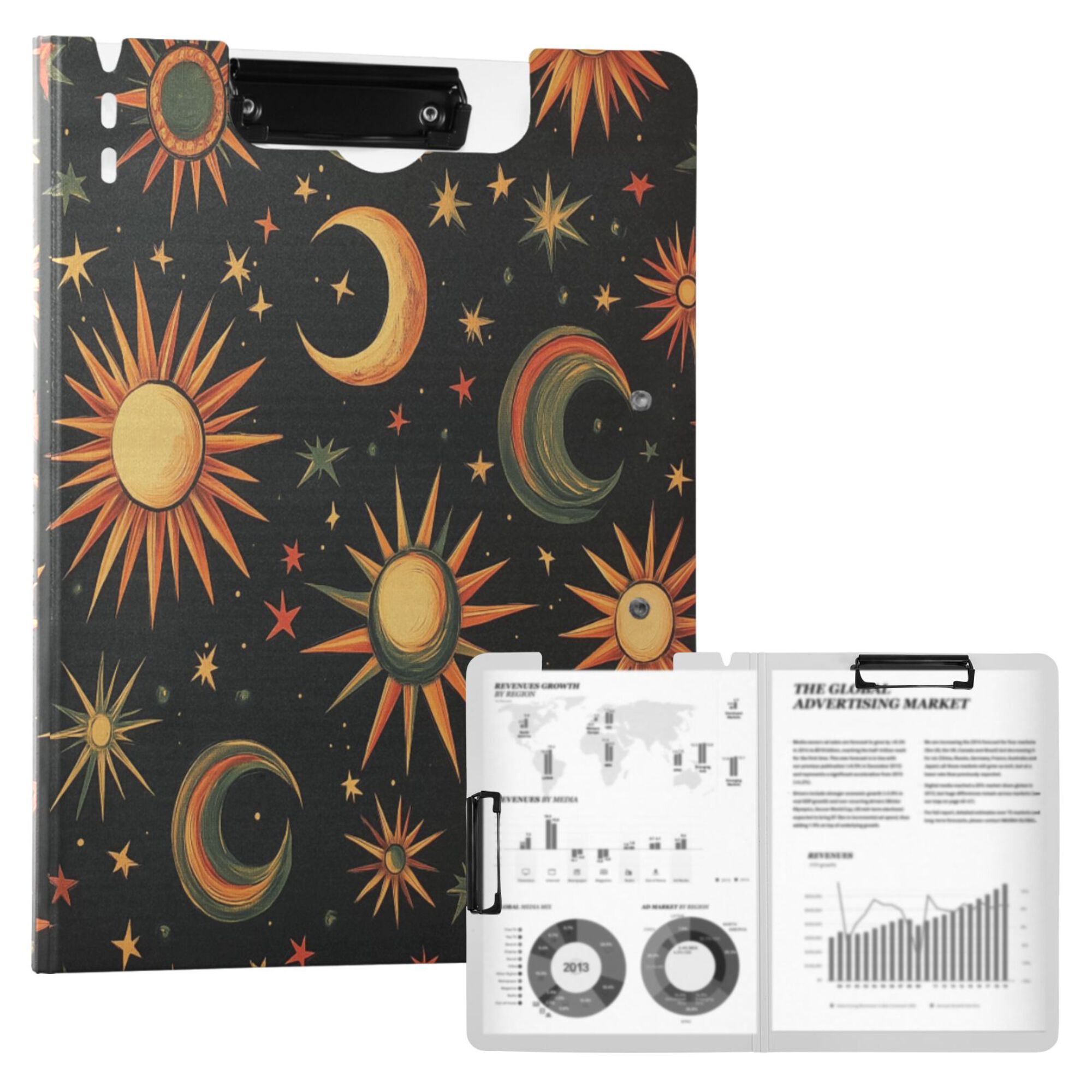 FORMRS A4 Clipboard Folder with Pen Holder Horizontal Foldable School Office Binder, Sun Moon and Stars Pattern