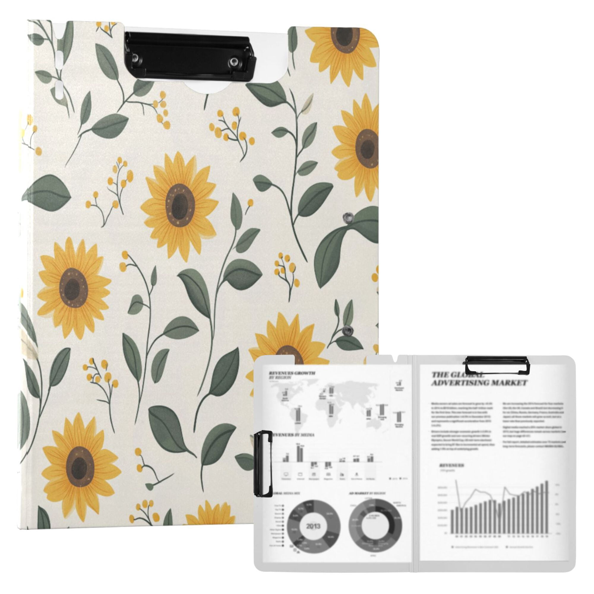 FORMRS A4 Clipboard Folder with Pen Holder Horizontal Foldable School Office Binder, Sunflower Pattern
