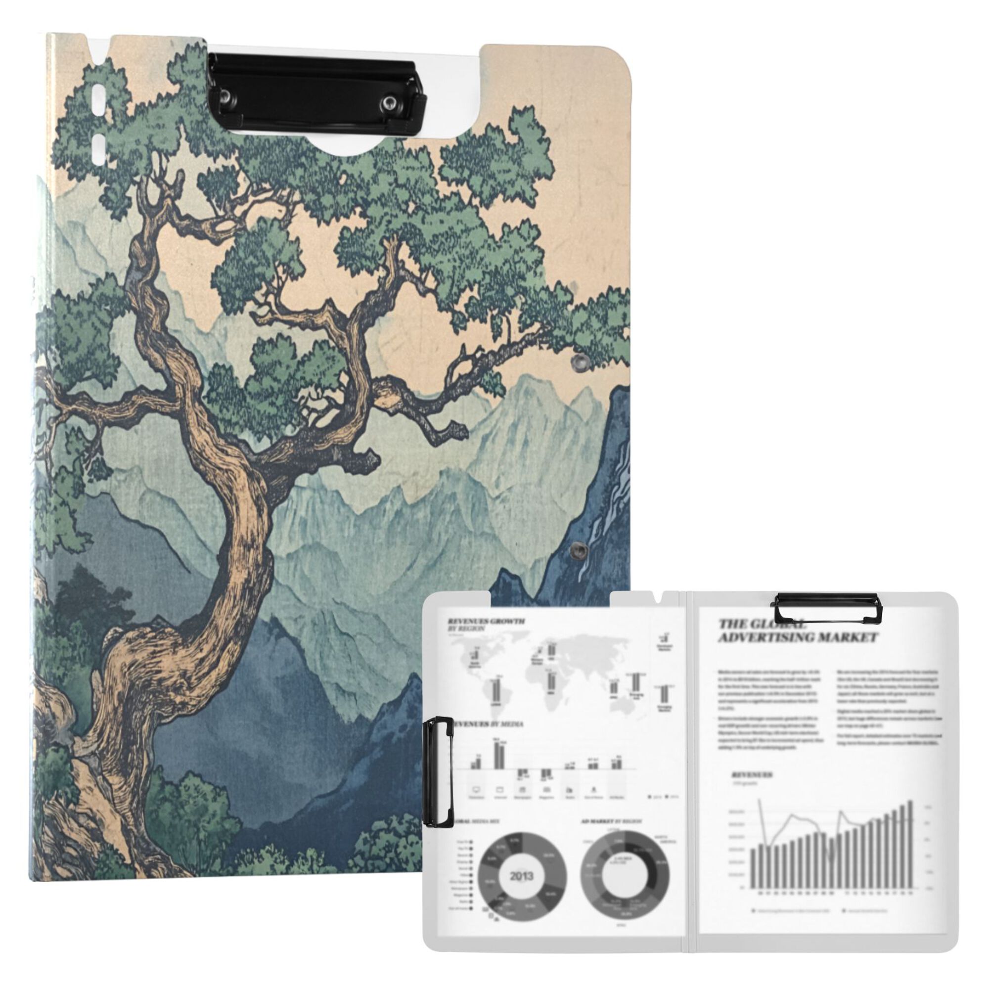 FORMRS A4 Clipboard Folder with Pen Holder Horizontal Foldable School Office Binder, Tree in The Mountains