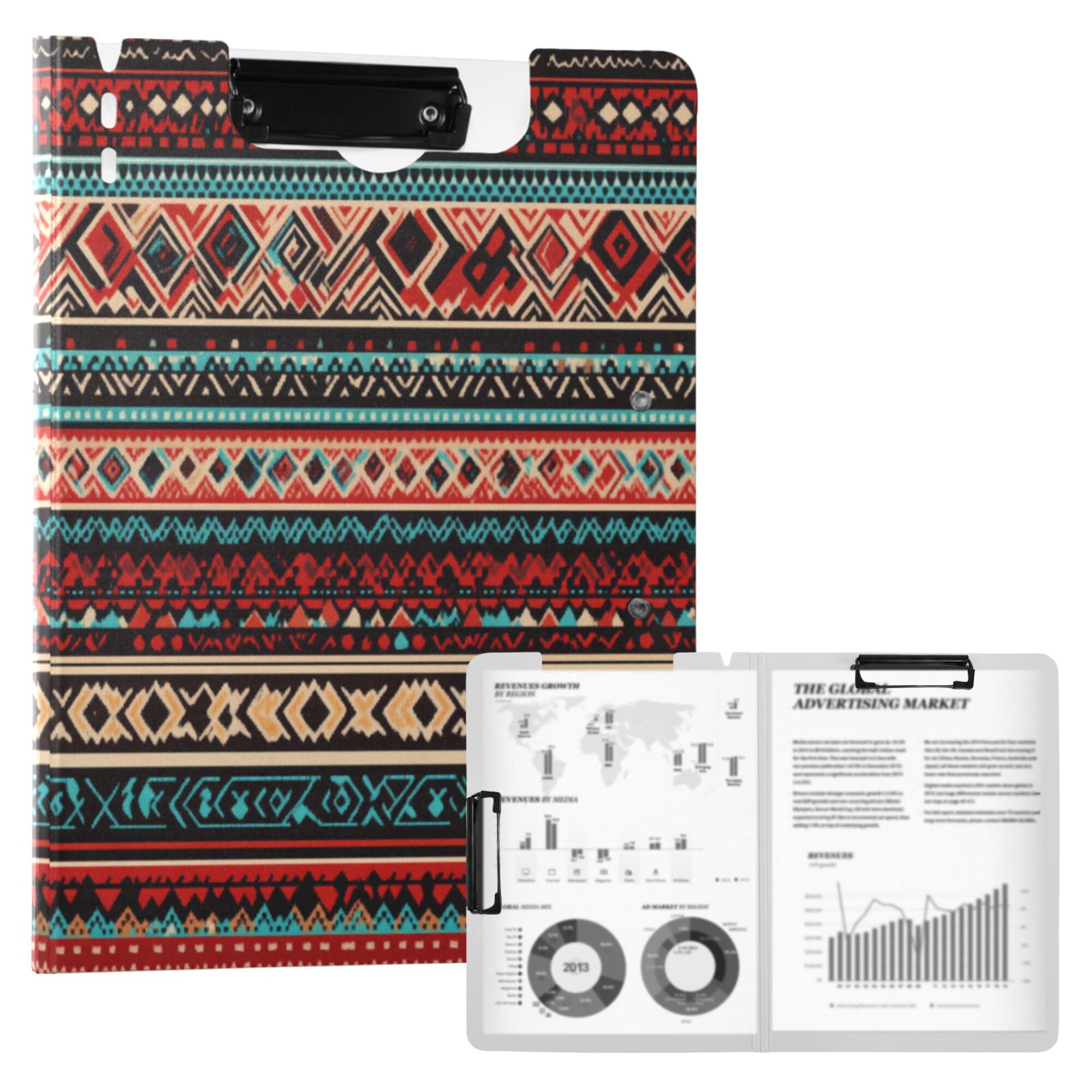 FORMRS A4 Clipboard Folder with Pen Holder Horizontal Foldable School Office Binder, Tribal Geometric