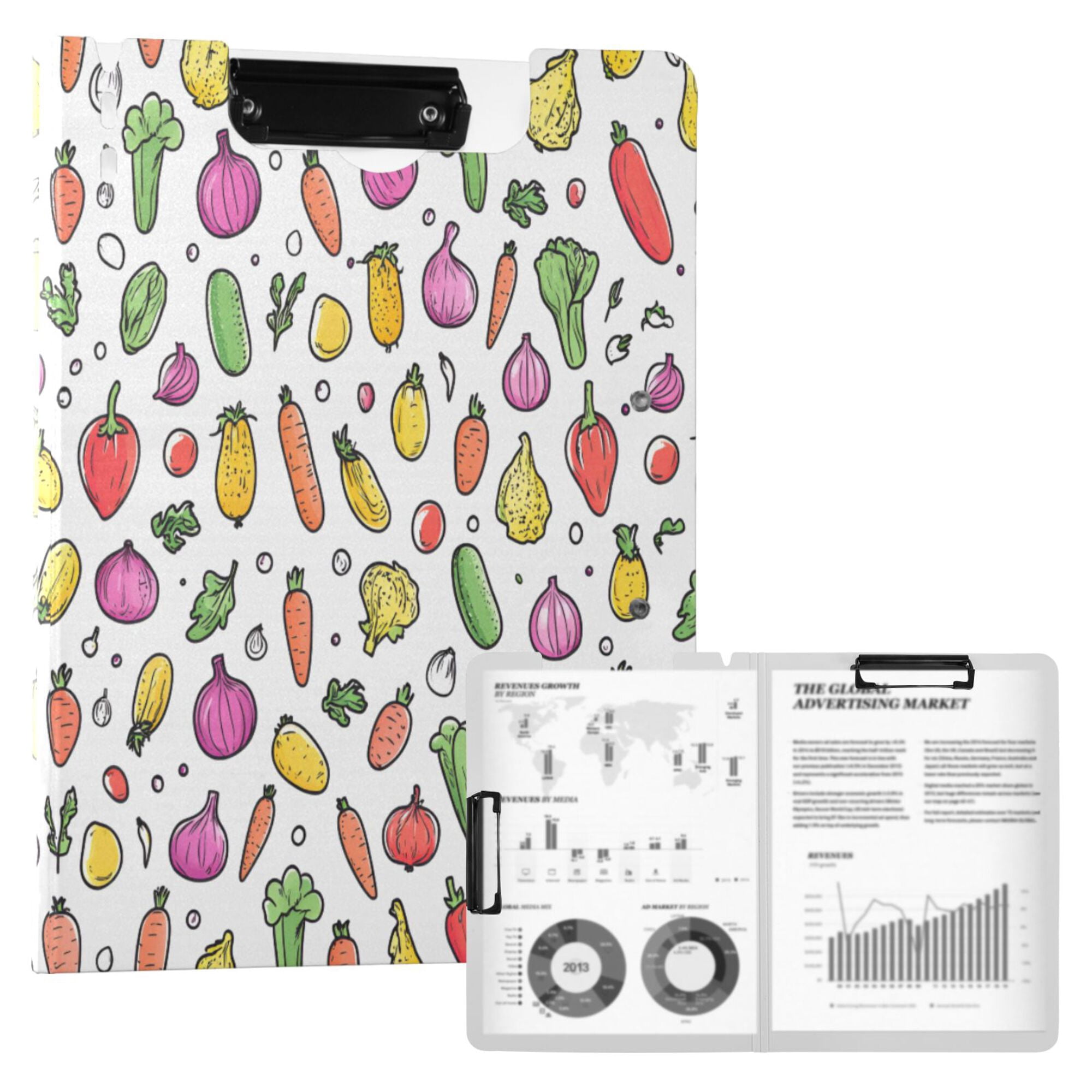 FORMRS A4 Clipboard Folder with Pen Holder Horizontal Foldable School Office Binder, Various Vegetables Pattern
