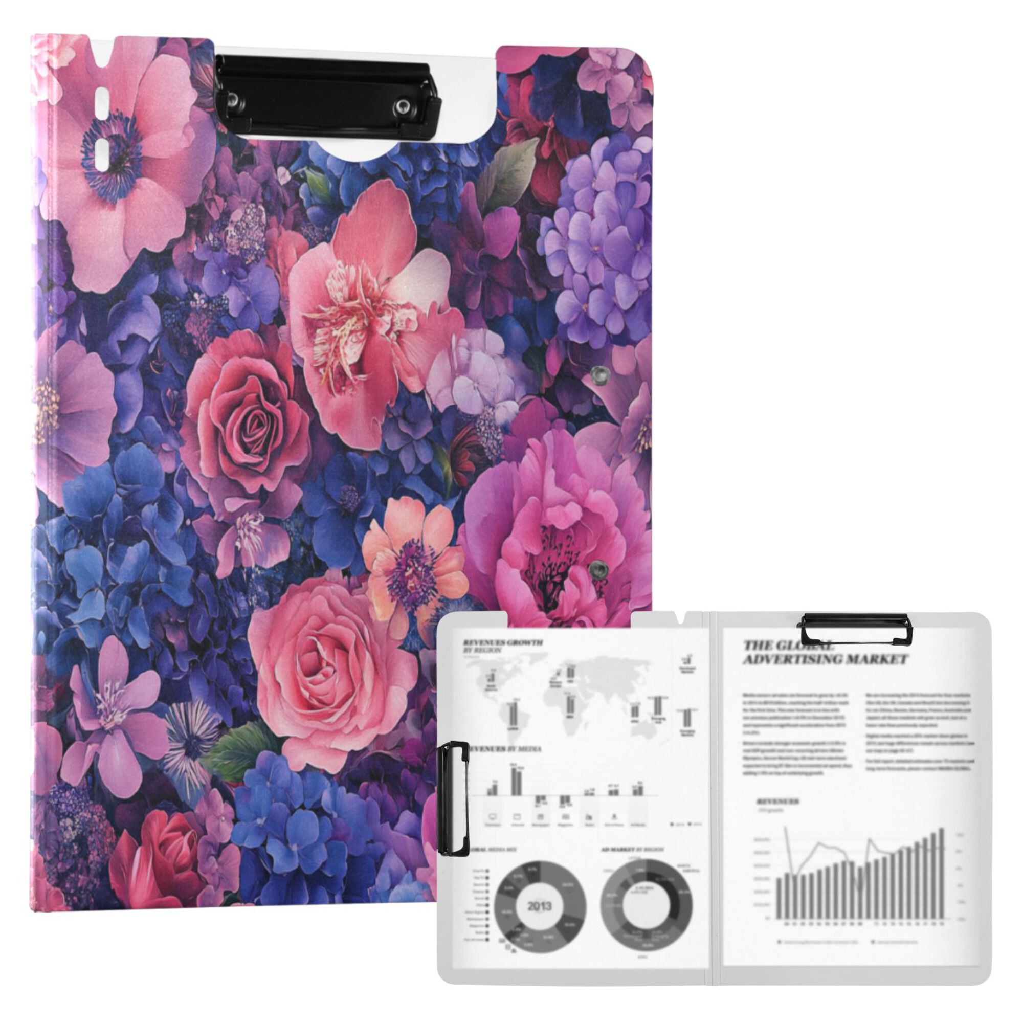 FORMRS A4 Clipboard Folder with Pen Holder Horizontal Foldable School Office Binder, Vibrant Art Flowers
