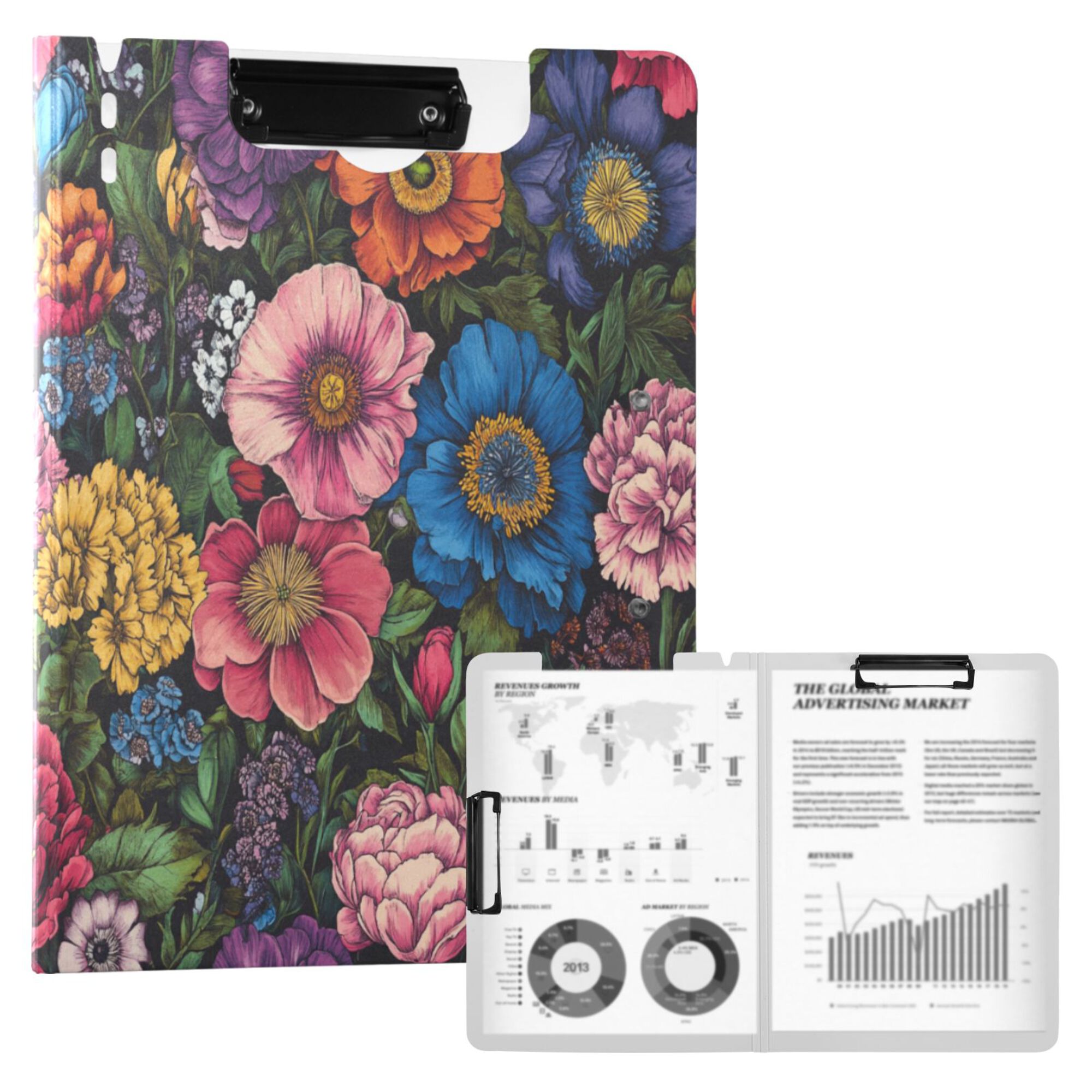 FORMRS A4 Clipboard Folder with Pen Holder Horizontal Foldable School Office Binder, Vibrant Blooming Flowers