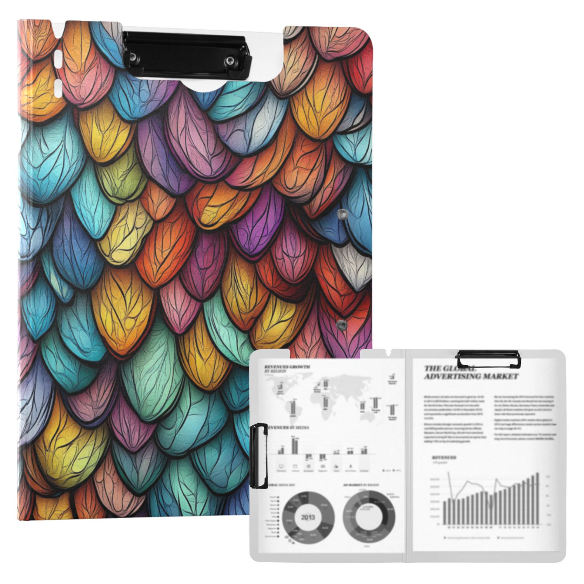 FORMRS A4 Clipboard Folder with Pen Holder Horizontal Foldable School Office Binder, Vibrant Dragon Scales Pattern