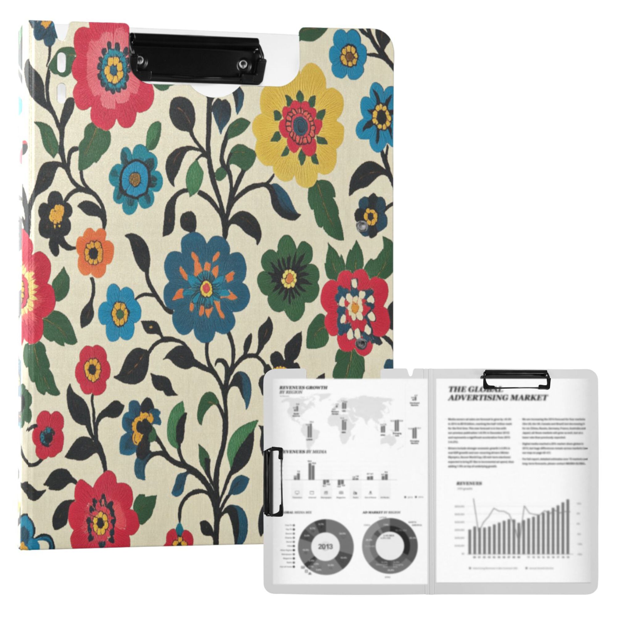 FORMRS A4 Clipboard Folder with Pen Holder Horizontal Foldable School Office Binder, Vibrant Floral