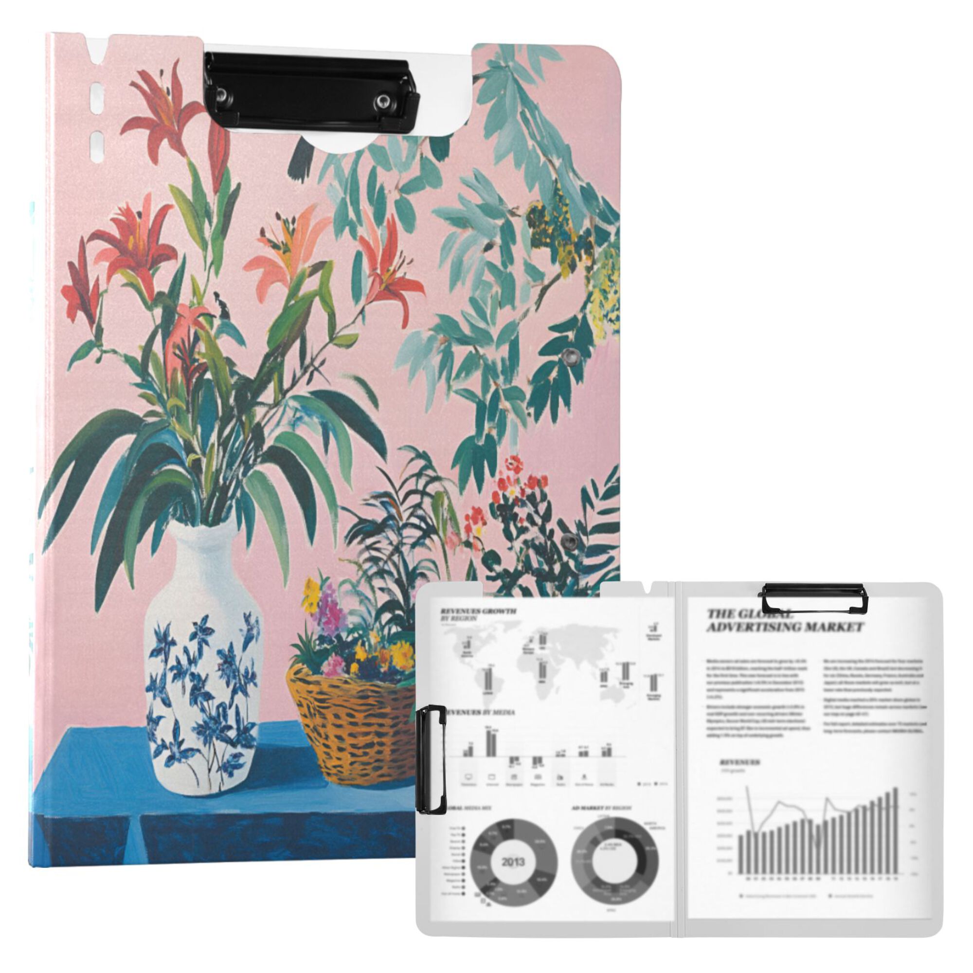 FORMRS A4 Clipboard Folder with Pen Holder Horizontal Foldable School Office Binder, Vibrant Flowers