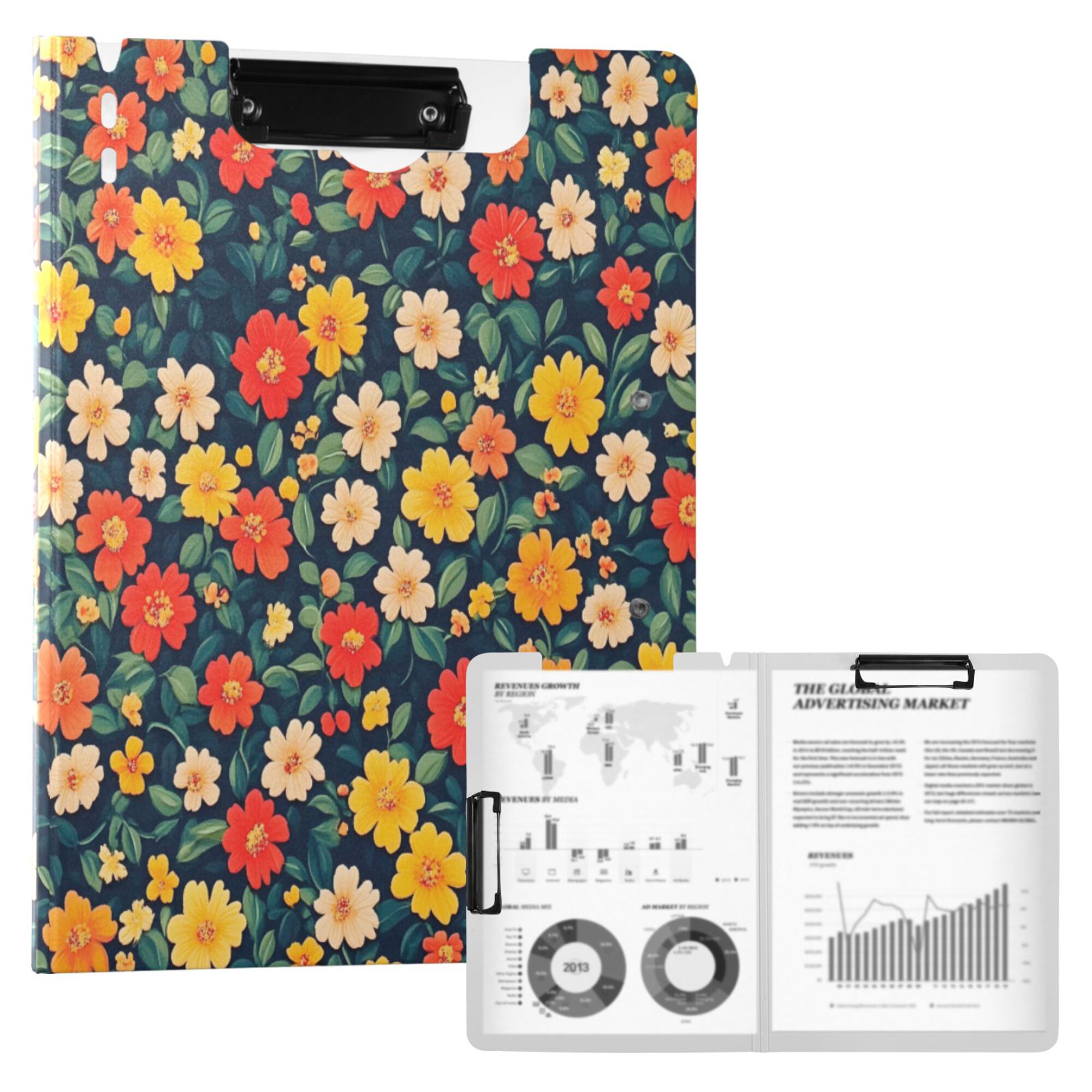 FORMRS A4 Clipboard Folder with Pen Holder Horizontal Foldable School Office Binder, Vibrant Flowers