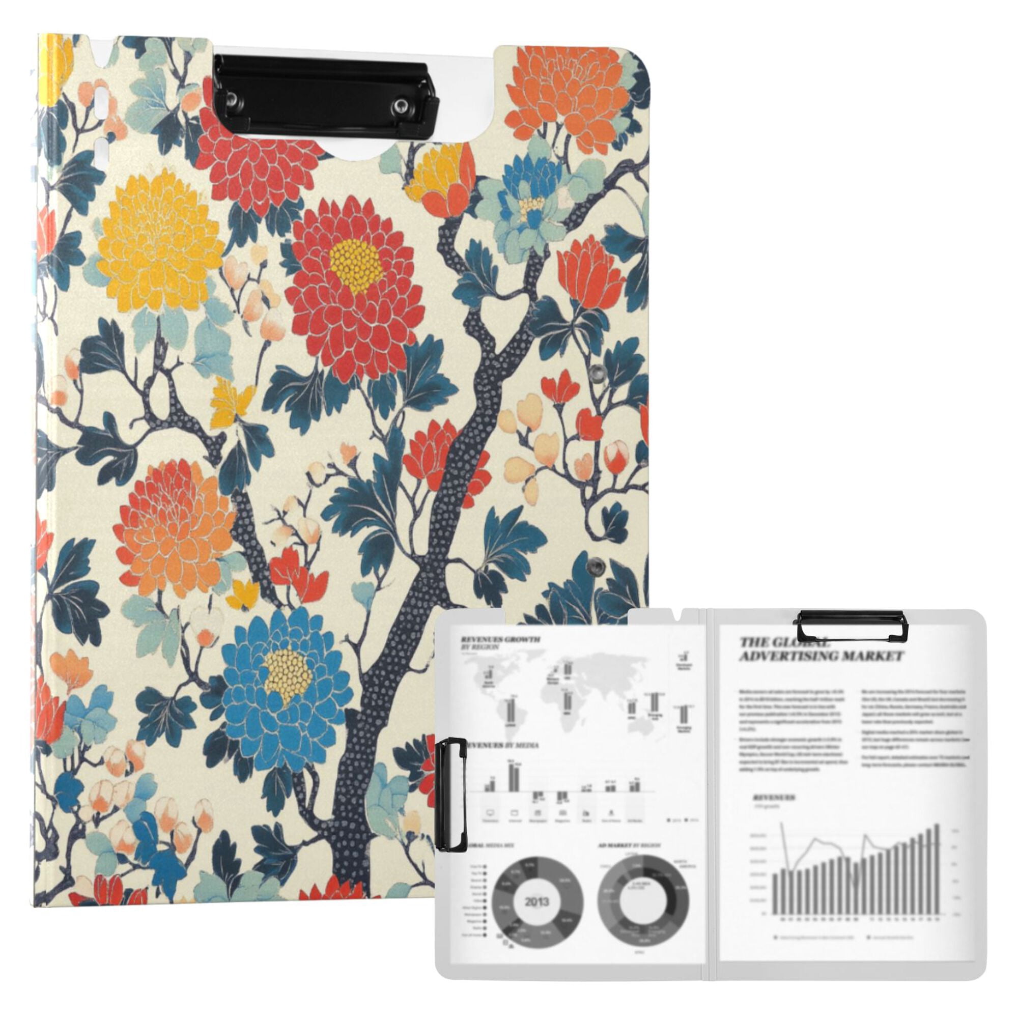 FORMRS A4 Clipboard Folder with Pen Holder Horizontal Foldable School Office Binder, Vibrant Japanese Flowers