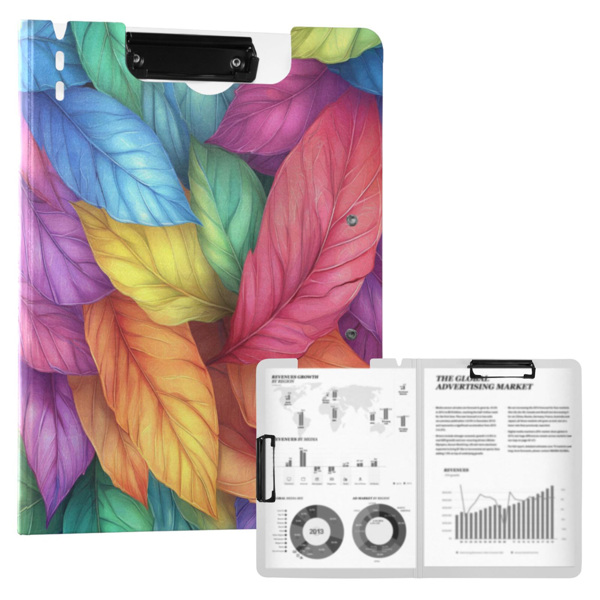 FORMRS A4 Clipboard Folder with Pen Holder Horizontal Foldable School Office Binder, Vibrant Leaves Pattern