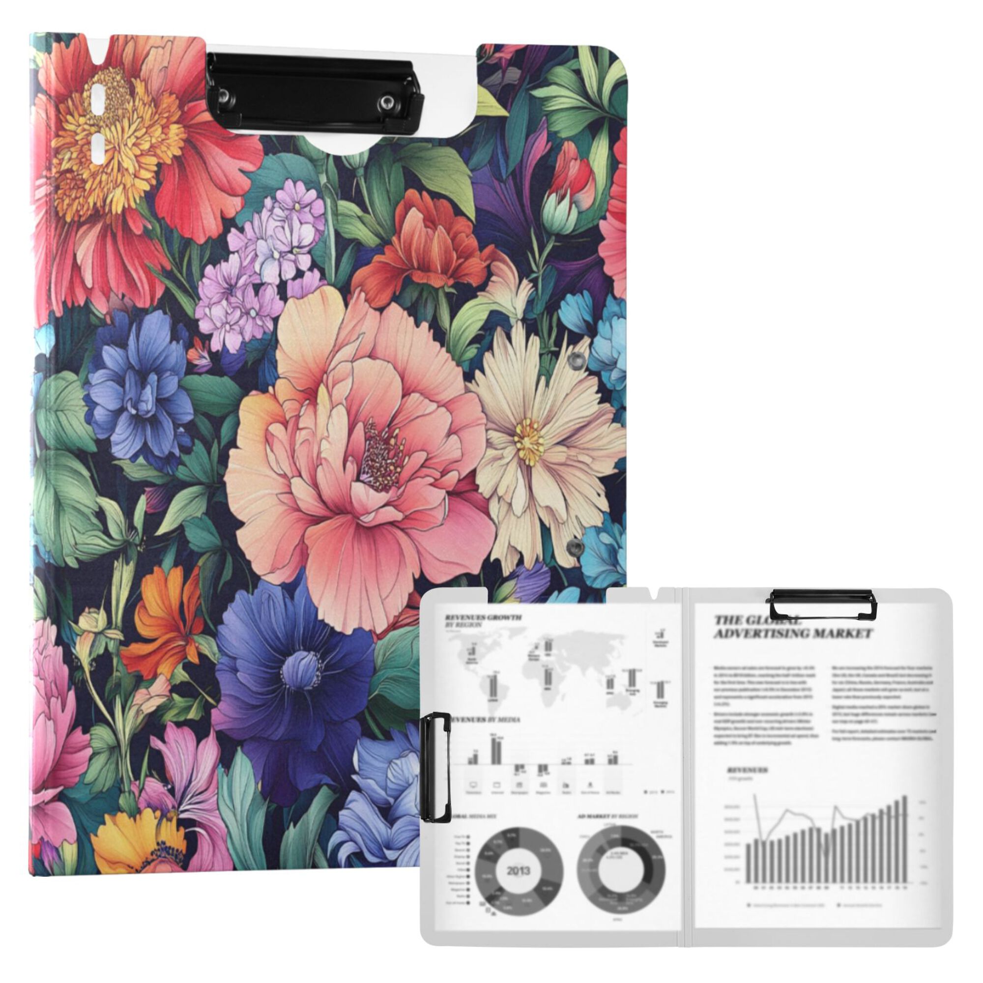 FORMRS A4 Clipboard Folder with Pen Holder Horizontal Foldable School Office Binder, Vibrant Pink Floral Pattern