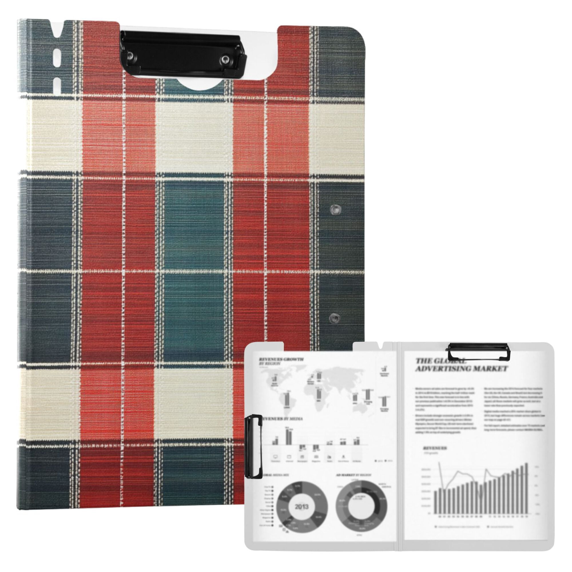 FORMRS A4 Clipboard Folder with Pen Holder Horizontal Foldable School Office Binder, Vibrant Red Tartan Pattern