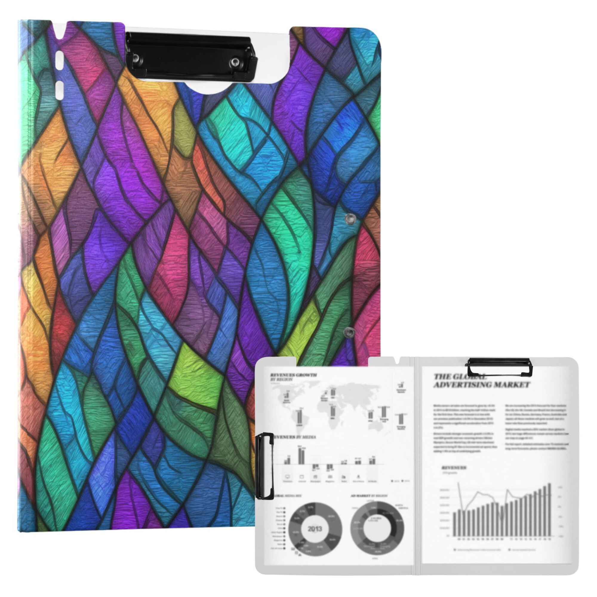 FORMRS A4 Clipboard Folder with Pen Holder Horizontal Foldable School Office Binder, Vibrant Stained Glass Pattern