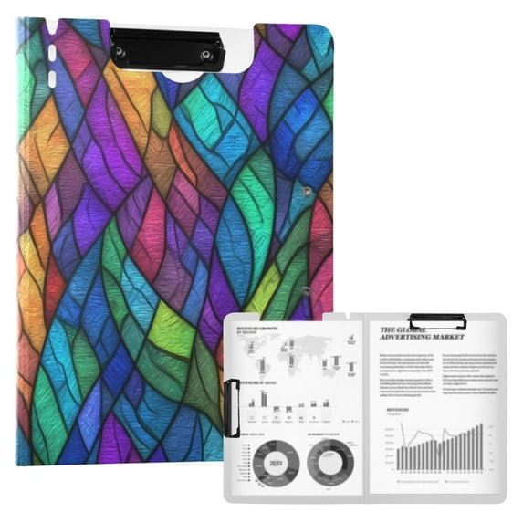 FORMRS A4 Clipboard Folder with Pen Holder Horizontal Foldable School Office Binder, Vibrant Stained Glass Pattern